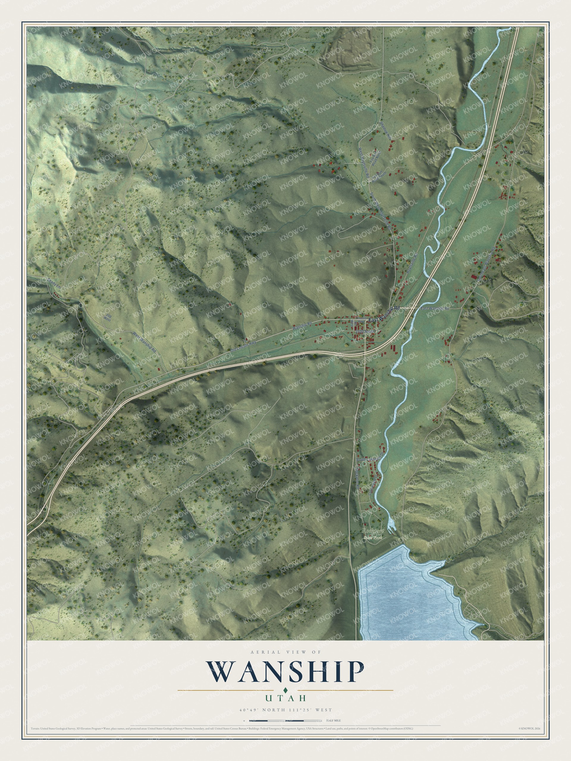 Full map of Wanship, Utah, with red buildings, printed street names and the land around them