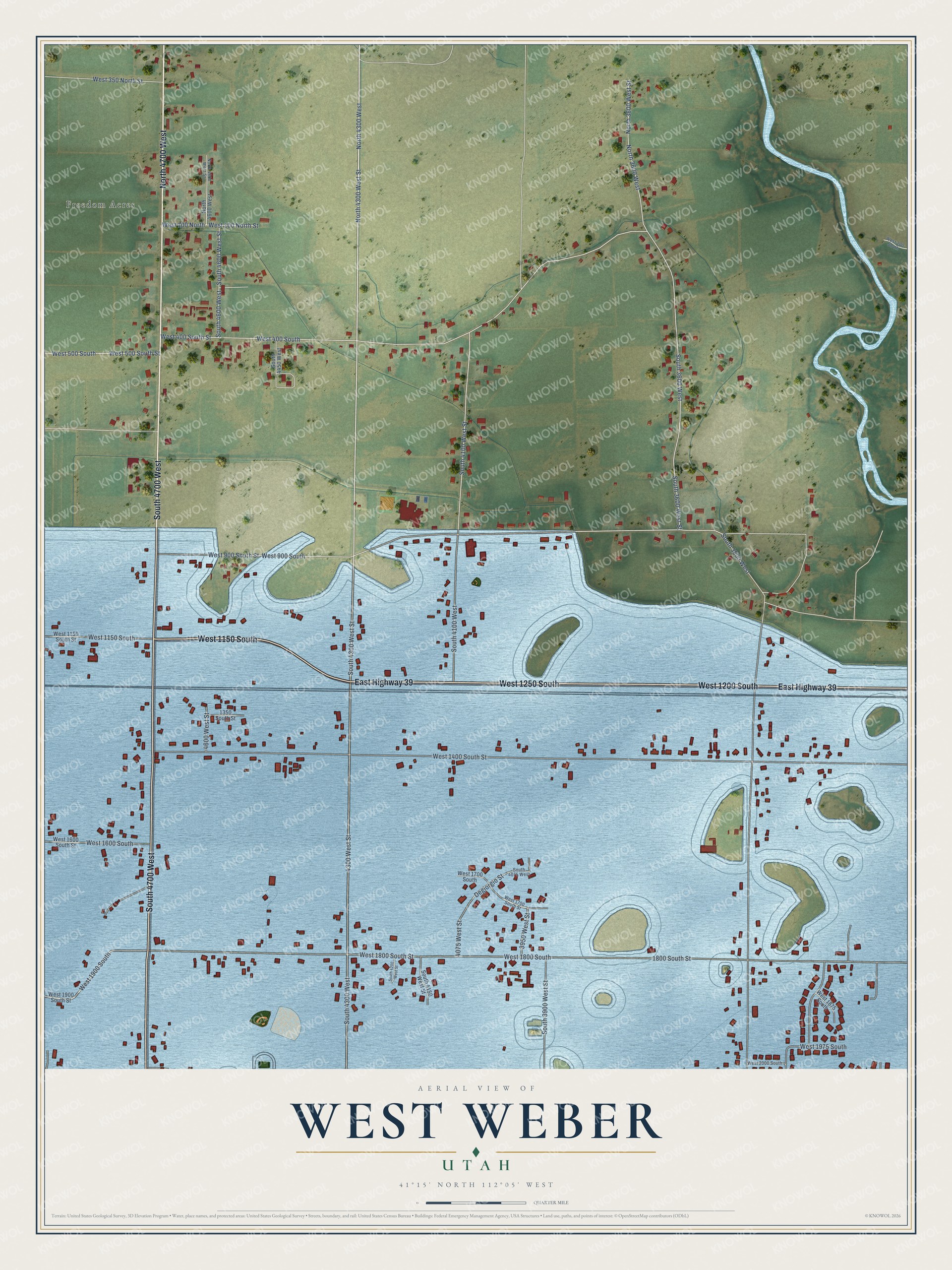 Full map of West Weber, Utah, with red buildings, printed street names and the land around them