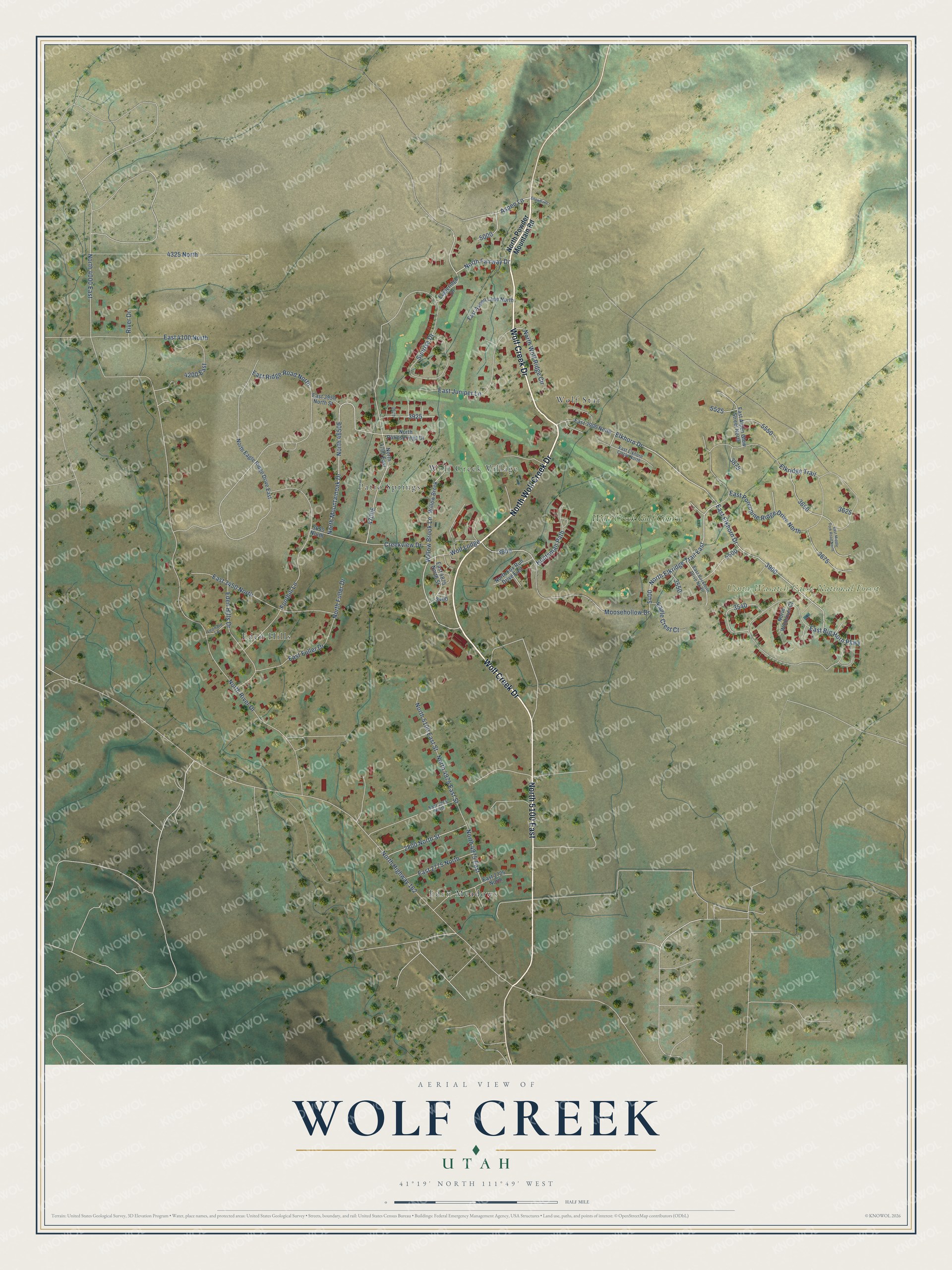 Full map of Wolf Creek, Utah, with red buildings, printed street names and the land around them