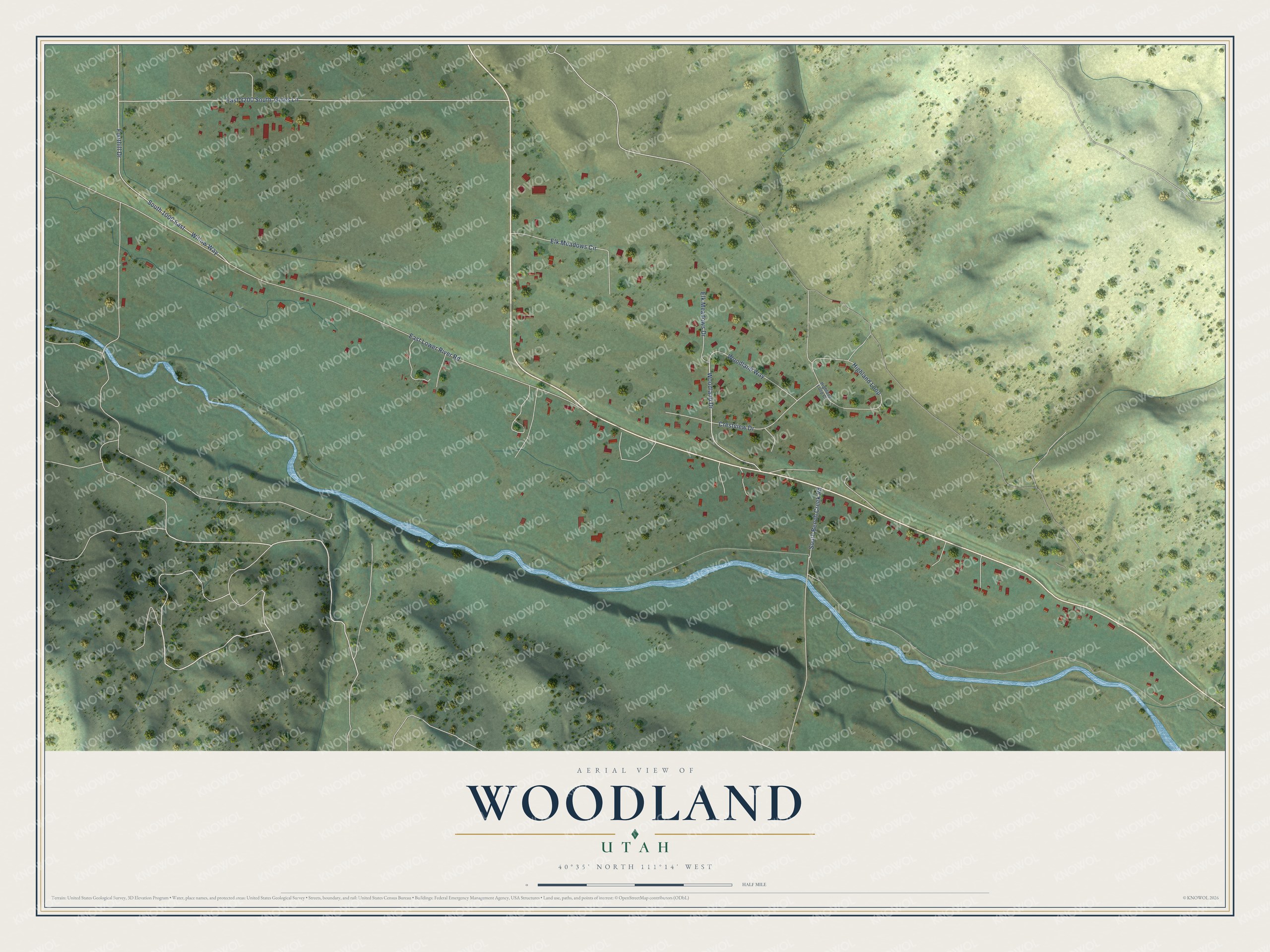 Full map of Woodland, Utah, with red buildings, printed street names and the land around them