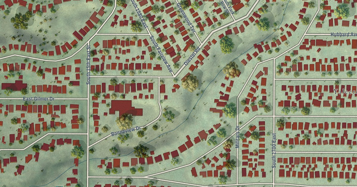 Close-up of streets and buildings in Yalecrest, Utah