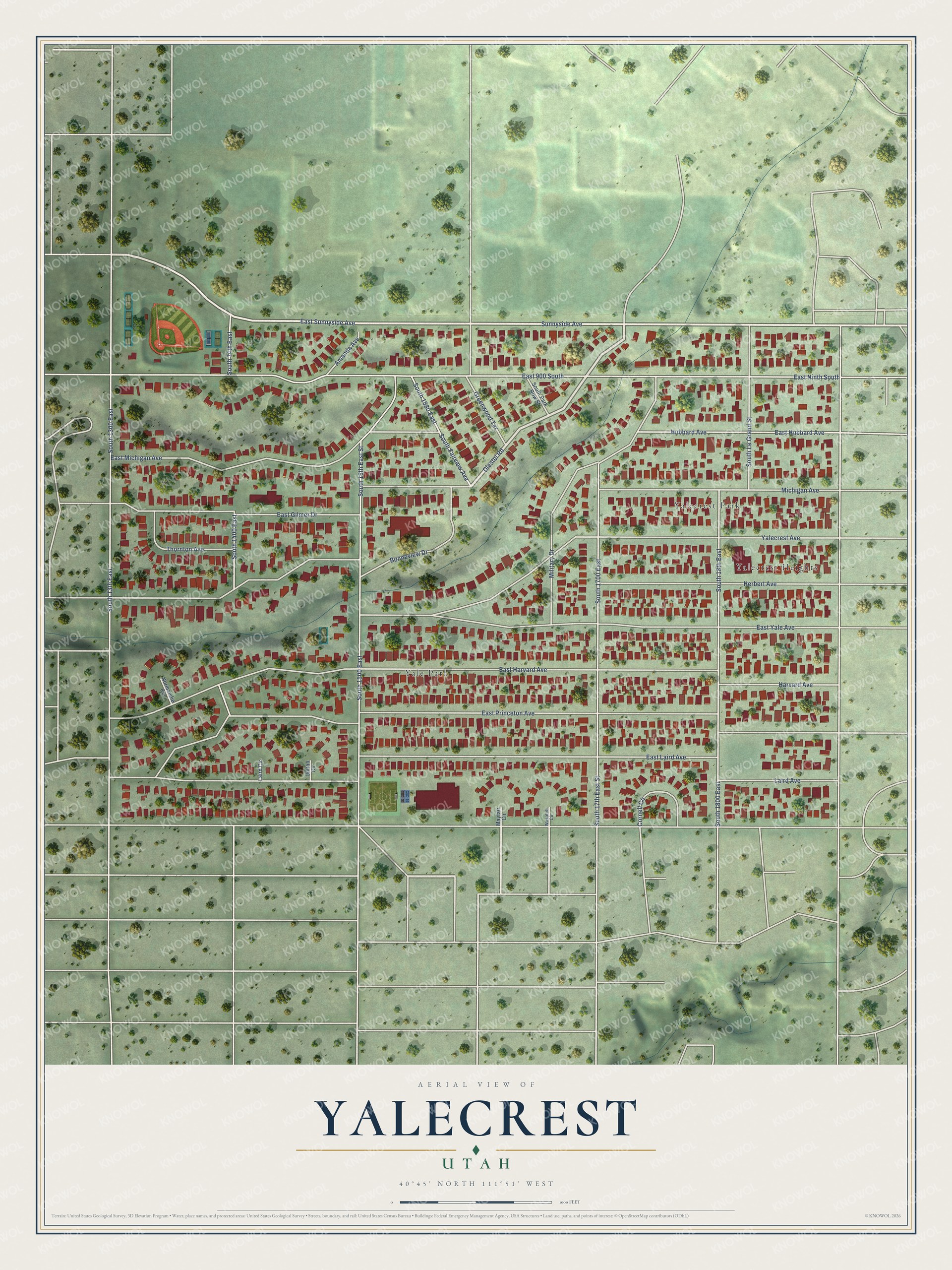 Full map of Yalecrest, Utah, with red buildings, printed street names and the land around them