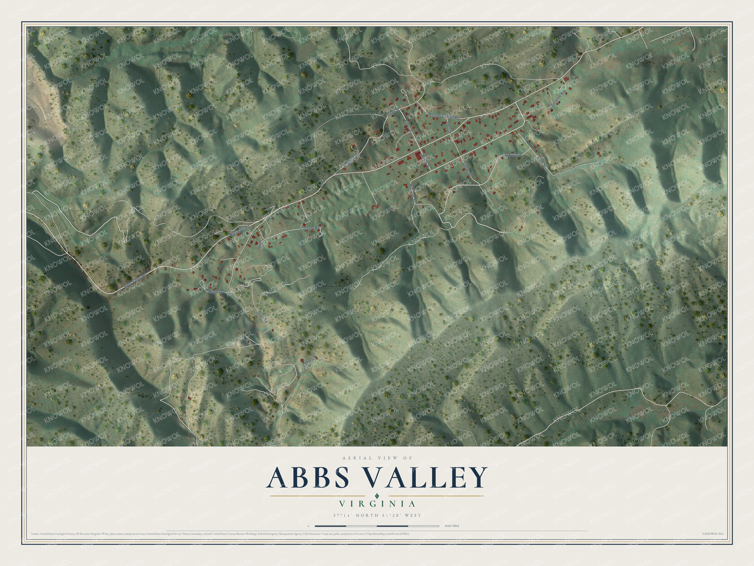 Full map of Abbs Valley, Virginia, with red buildings, printed street names and the land around them