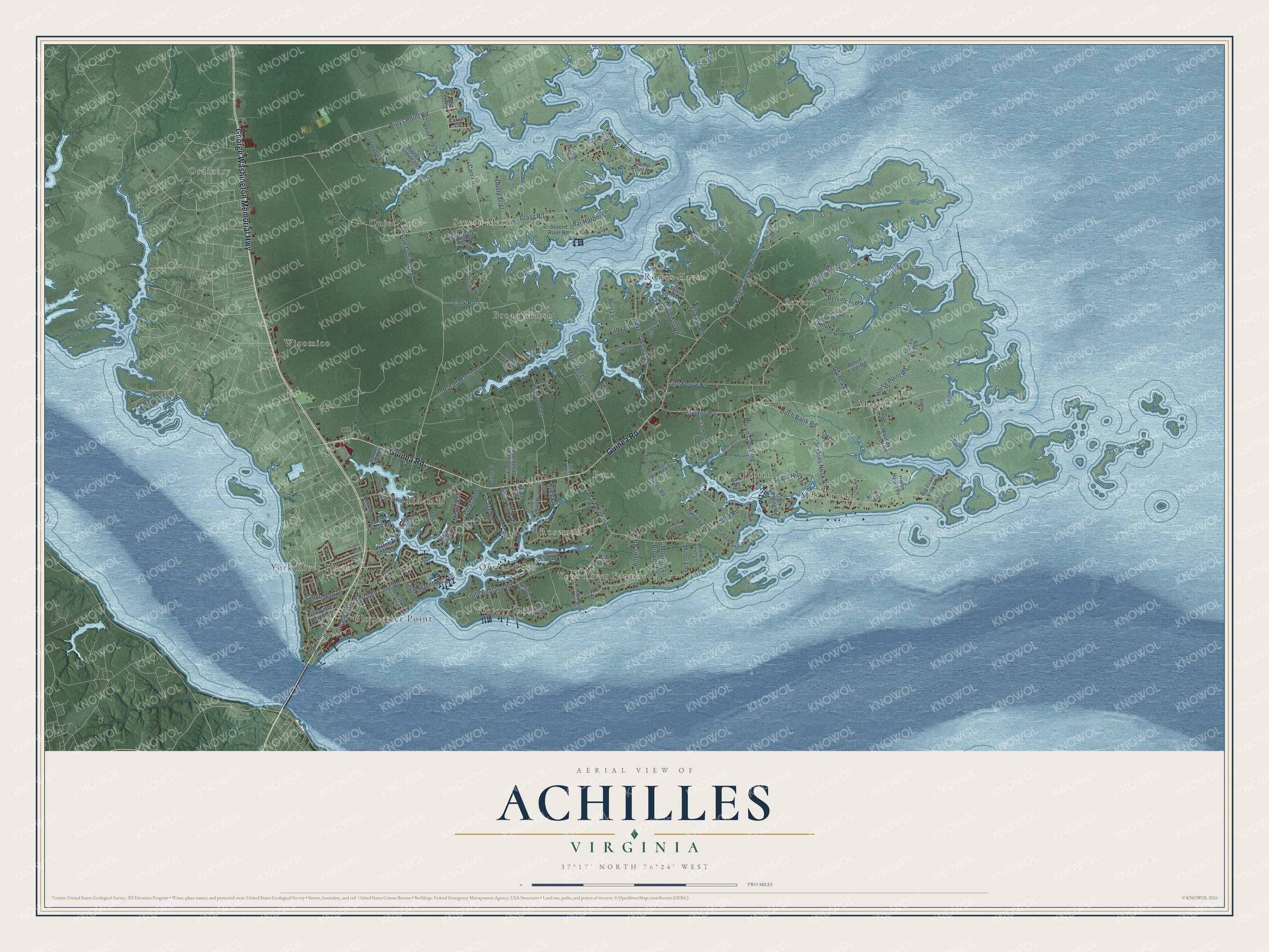 Full map of Achilles, Virginia, with red buildings, printed street names and the land around them