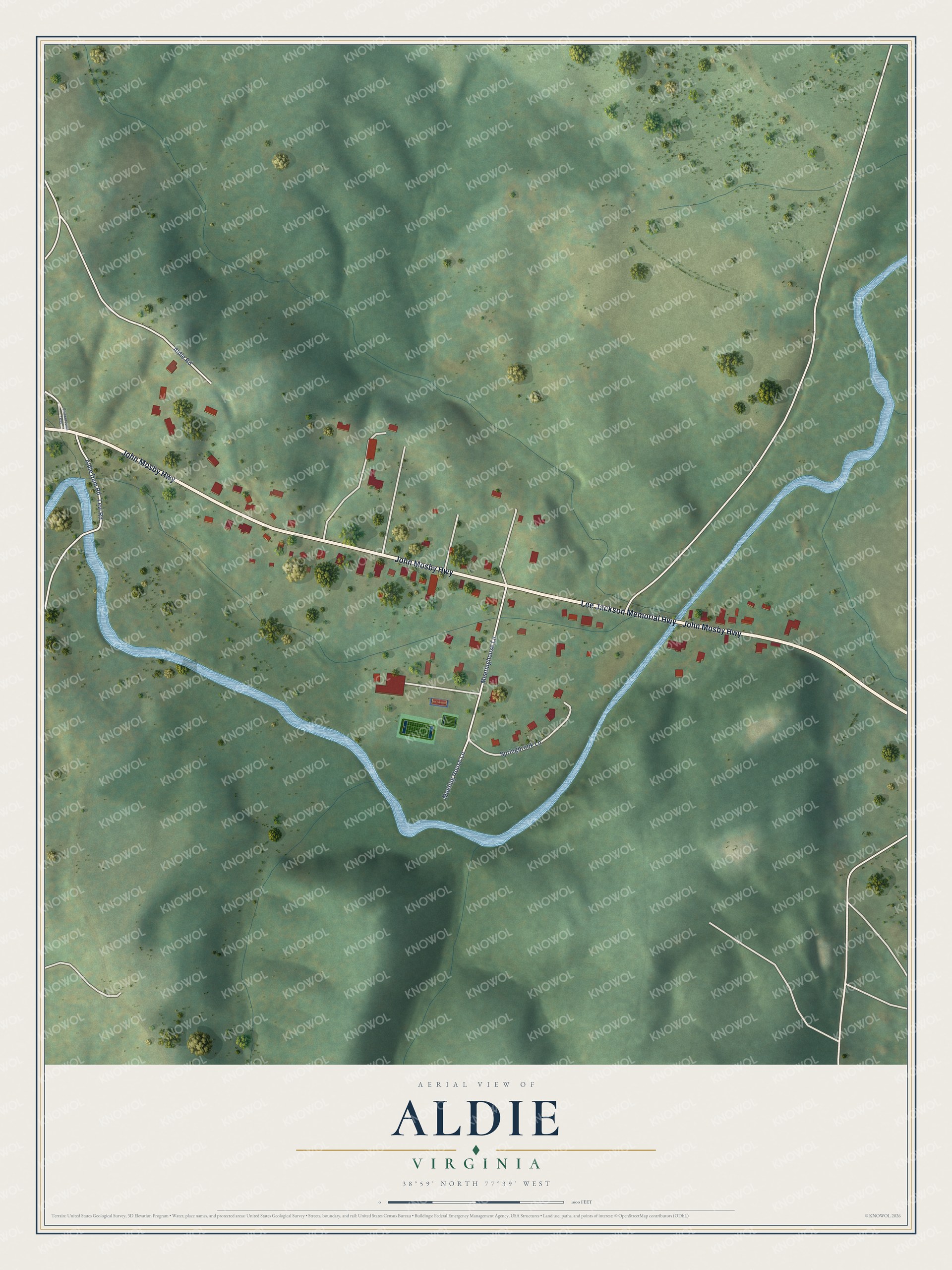 Full map of Aldie, Virginia, with red buildings, printed street names and the land around them