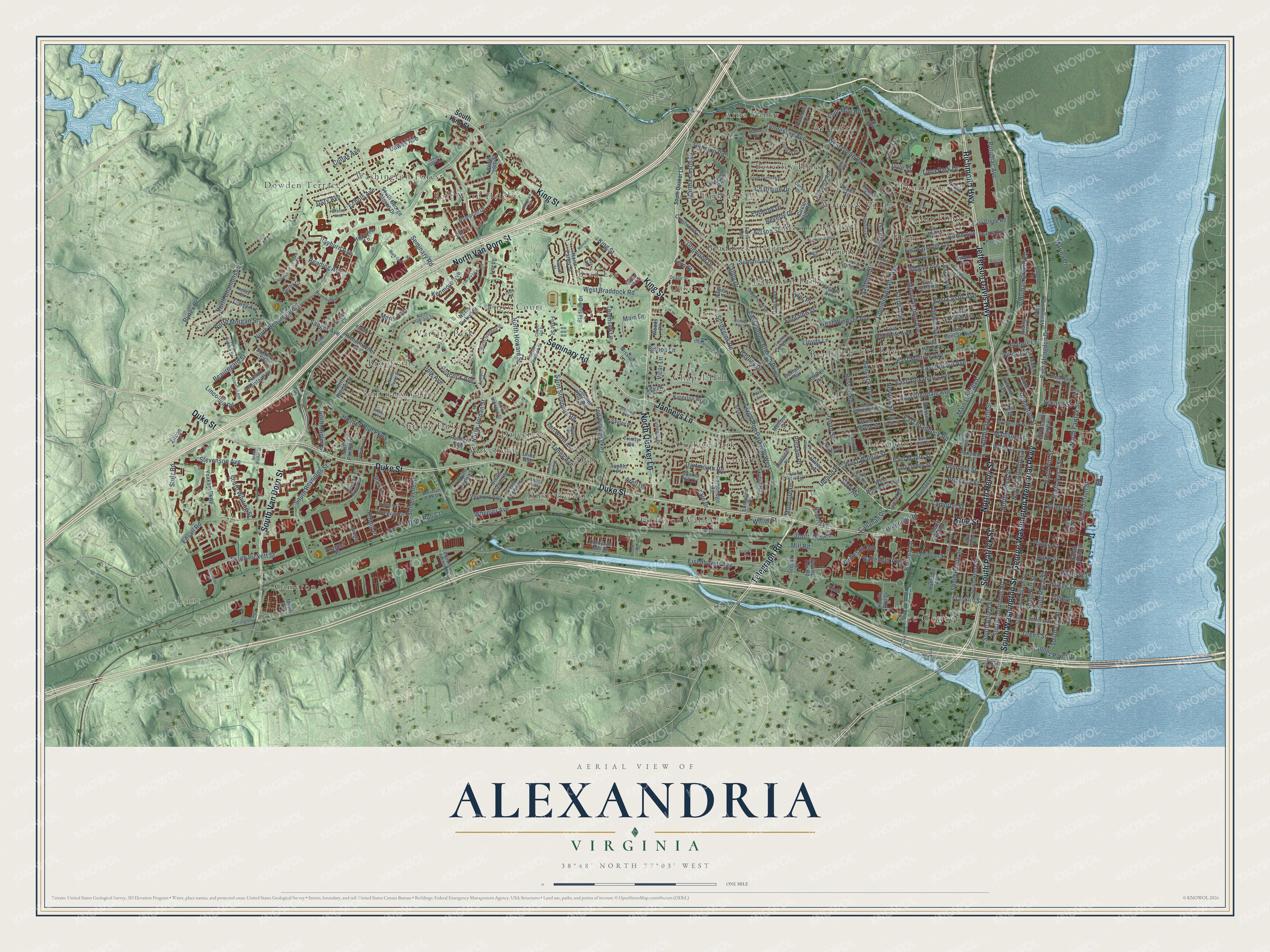 Full map of Alexandria, Virginia, with red buildings, printed street names and the land around them