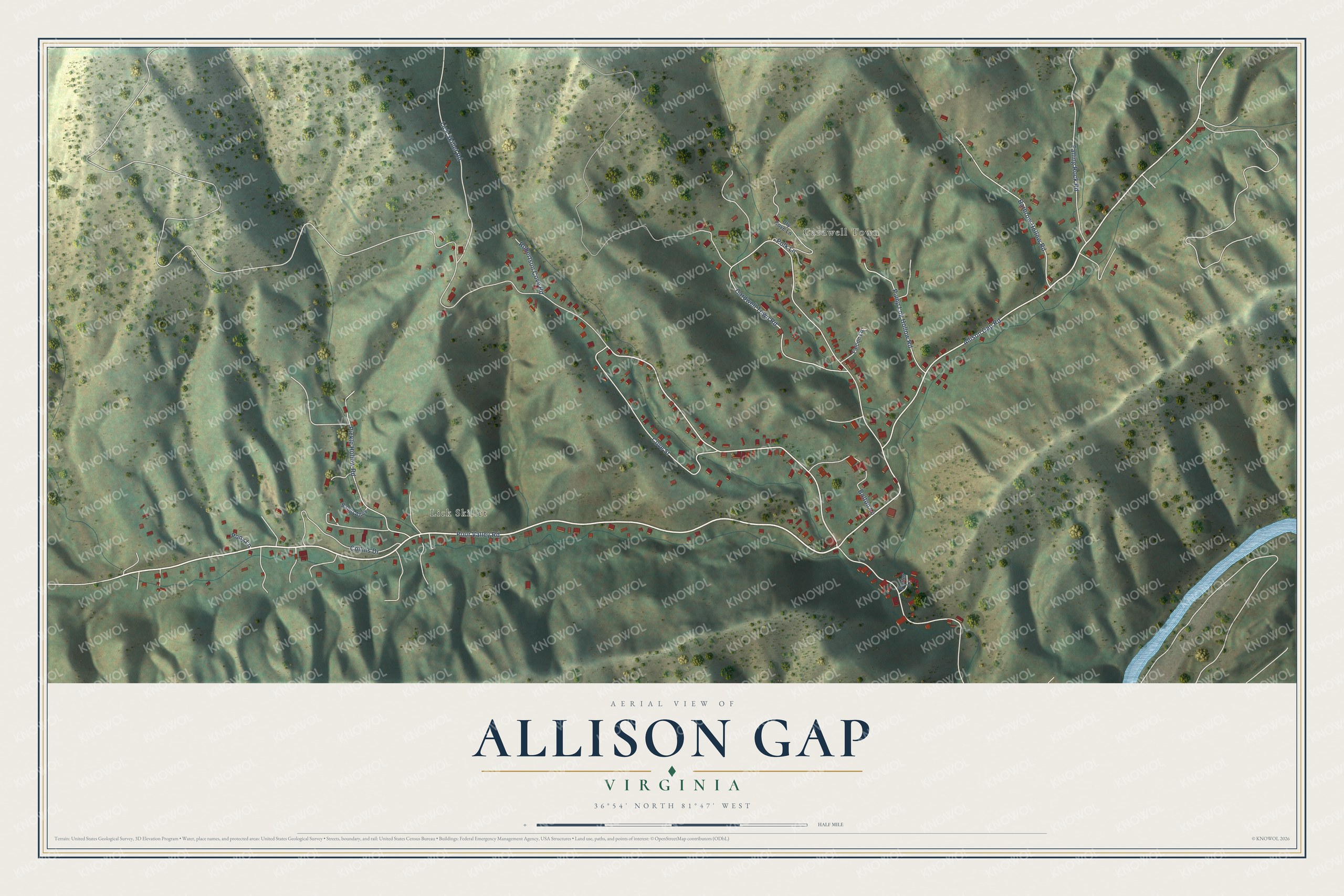 Full map of Allison Gap, Virginia, with red buildings, printed street names and the land around them
