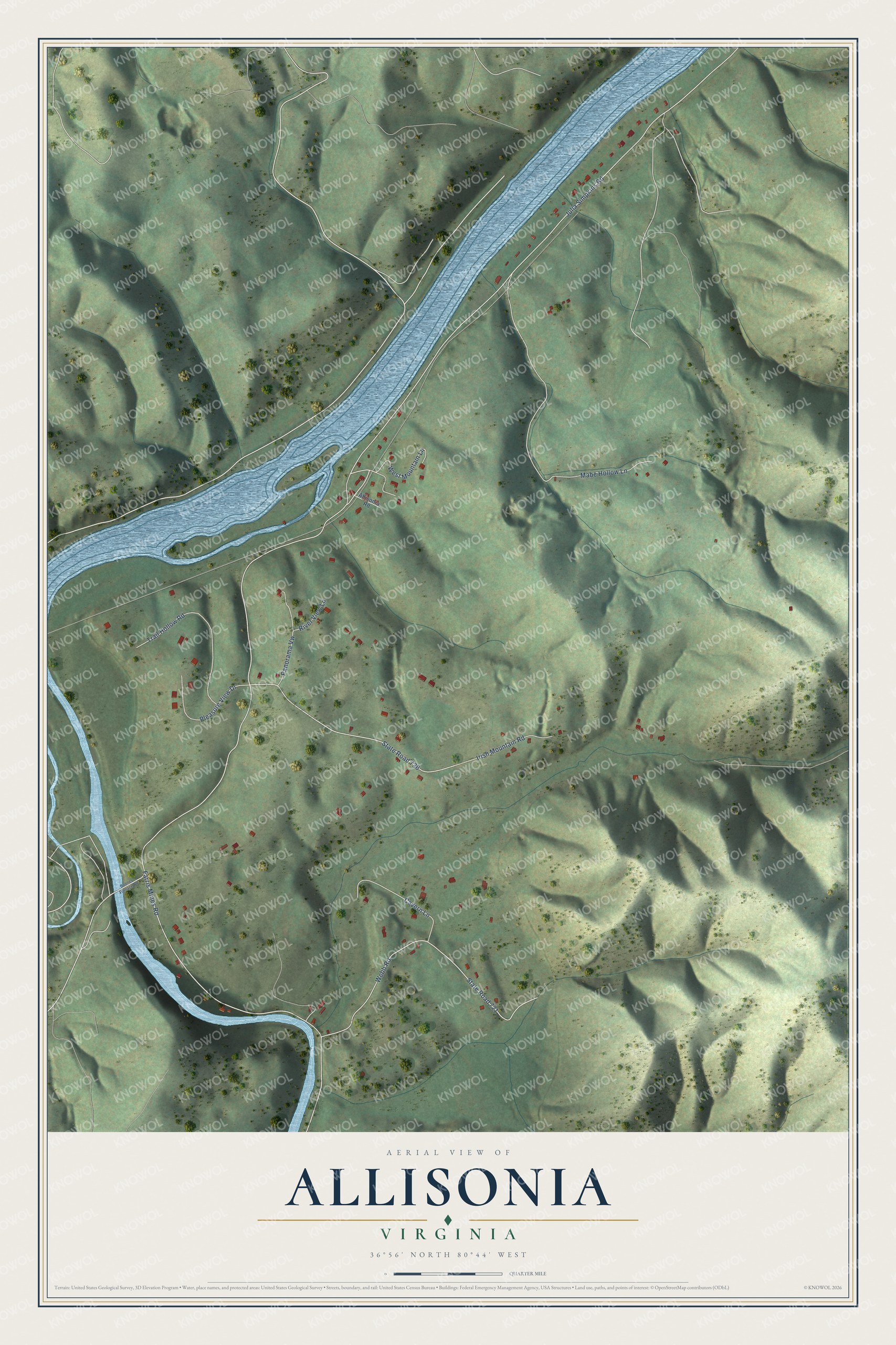 Full map of Allisonia, Virginia, with red buildings, printed street names and the land around them