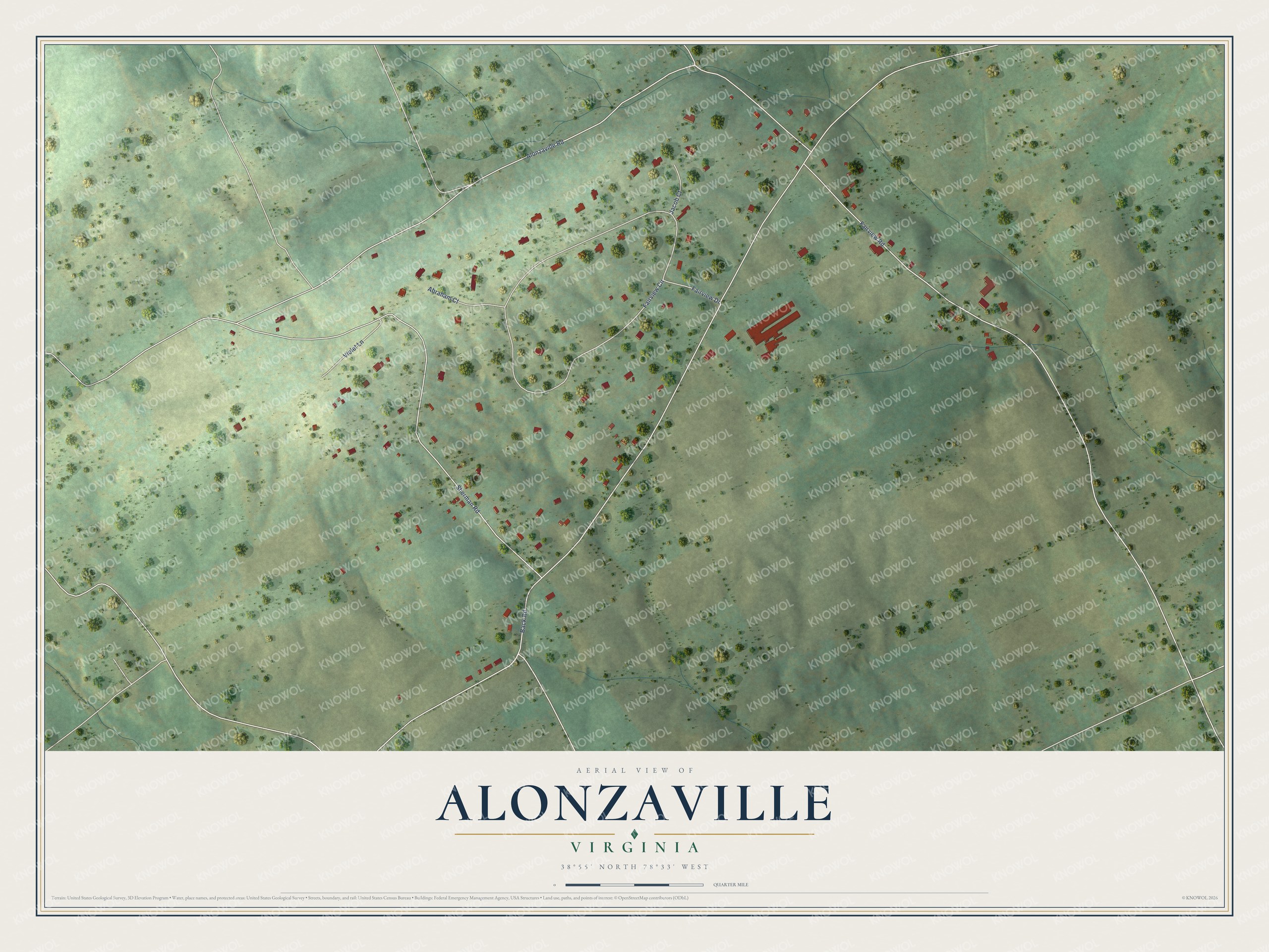 Full map of Alonzaville, Virginia, with red buildings, printed street names and the land around them