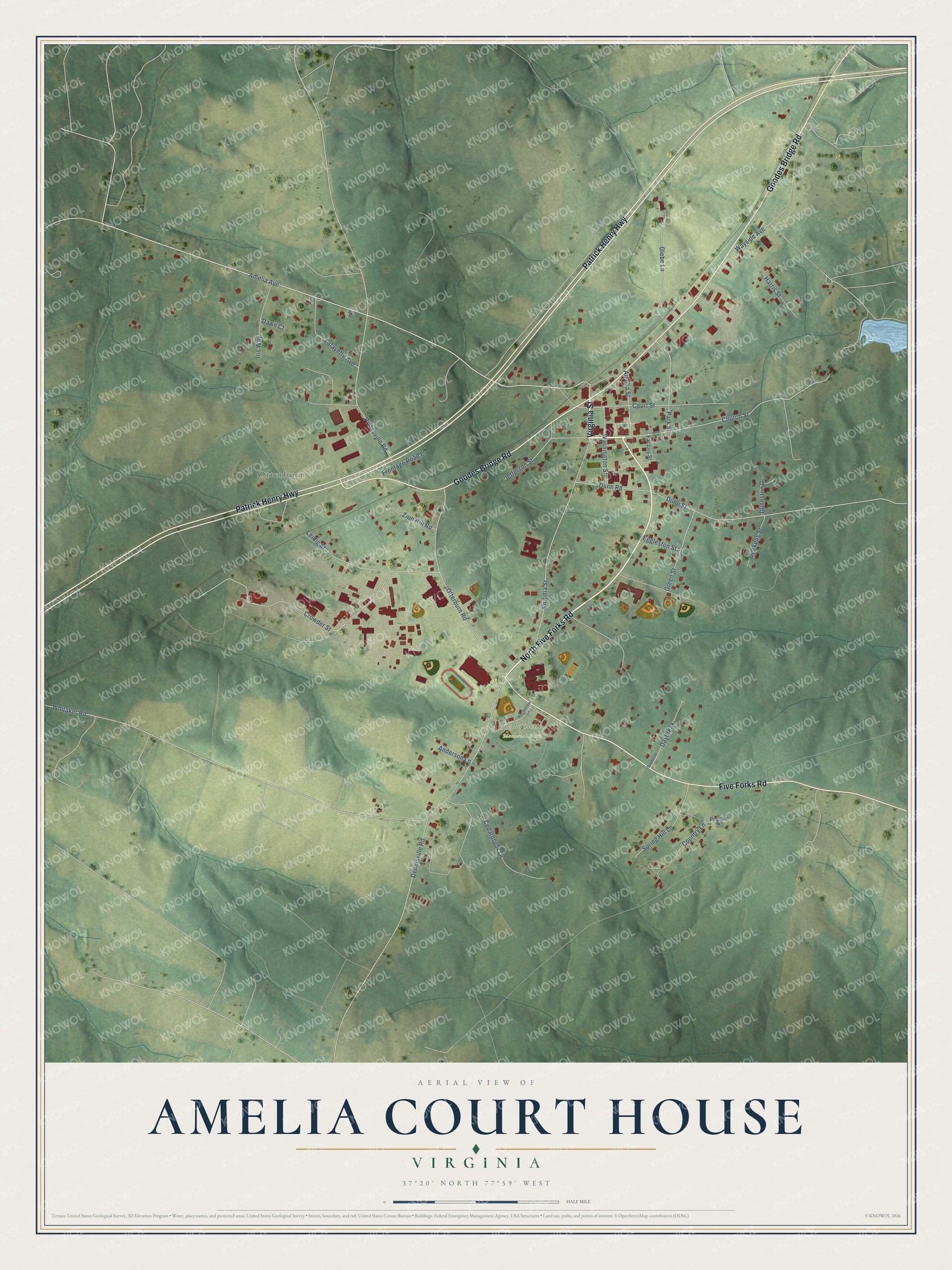 Full map of Amelia Court House, Virginia, with red buildings, printed street names and the land around them