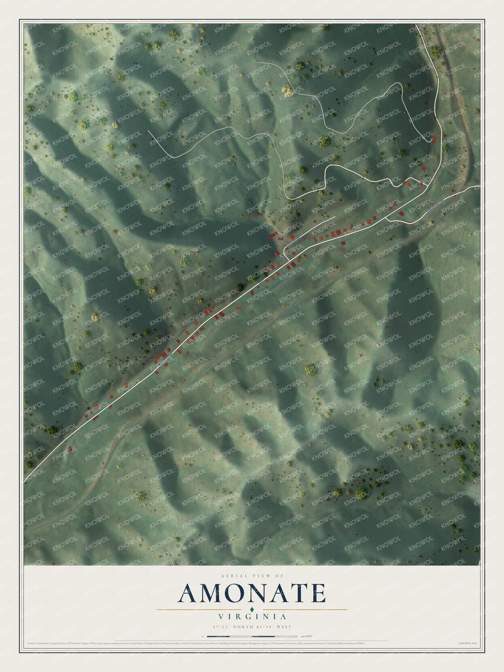 Full map of Amonate, Virginia, with red buildings, printed street names and the land around them