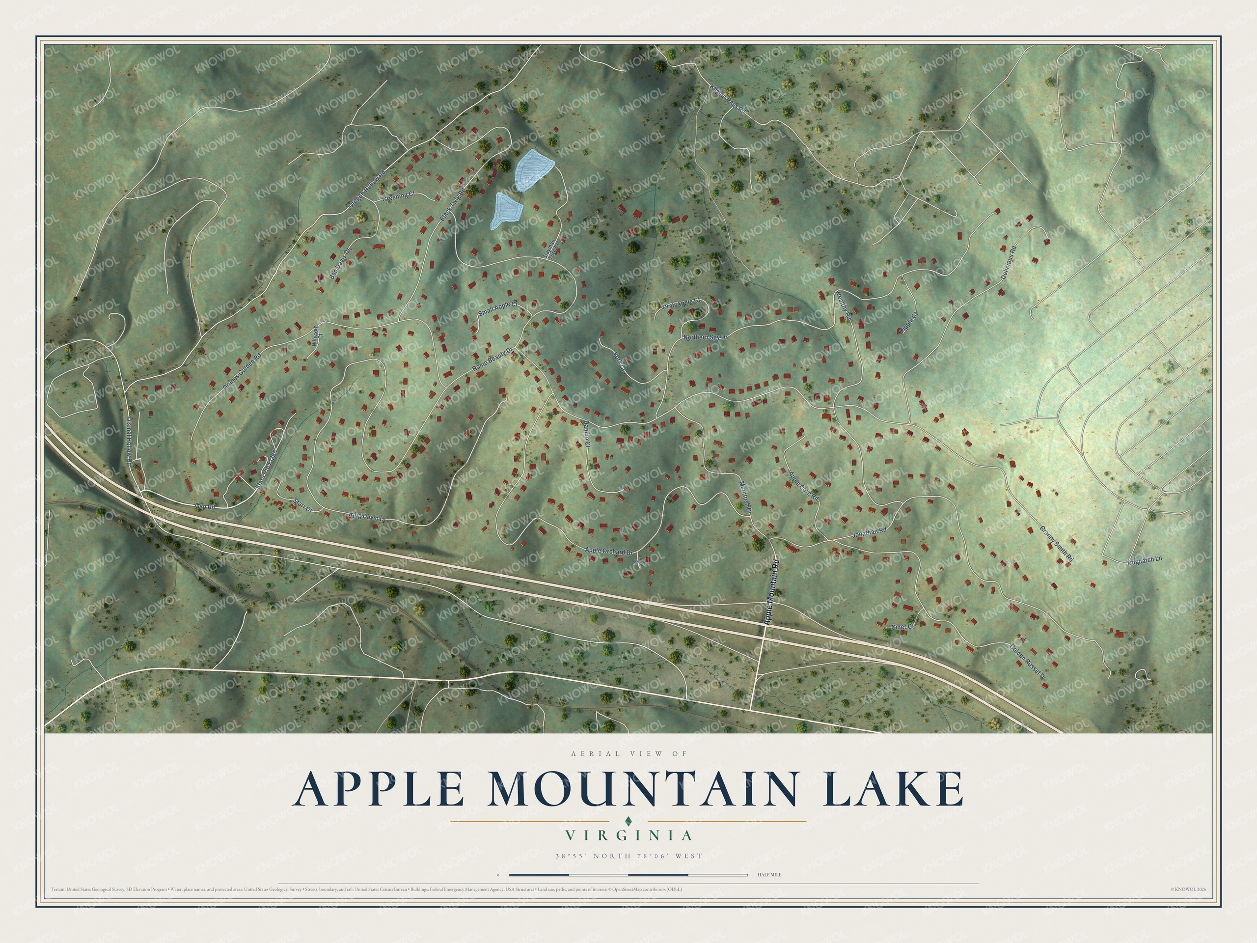 Full map of Apple Mountain Lake, Virginia, with red buildings, printed street names and the land around them