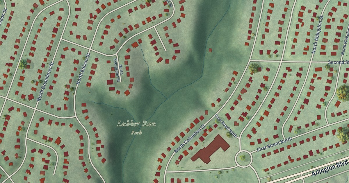 Close-up of streets and buildings in Arlington Forest, Virginia