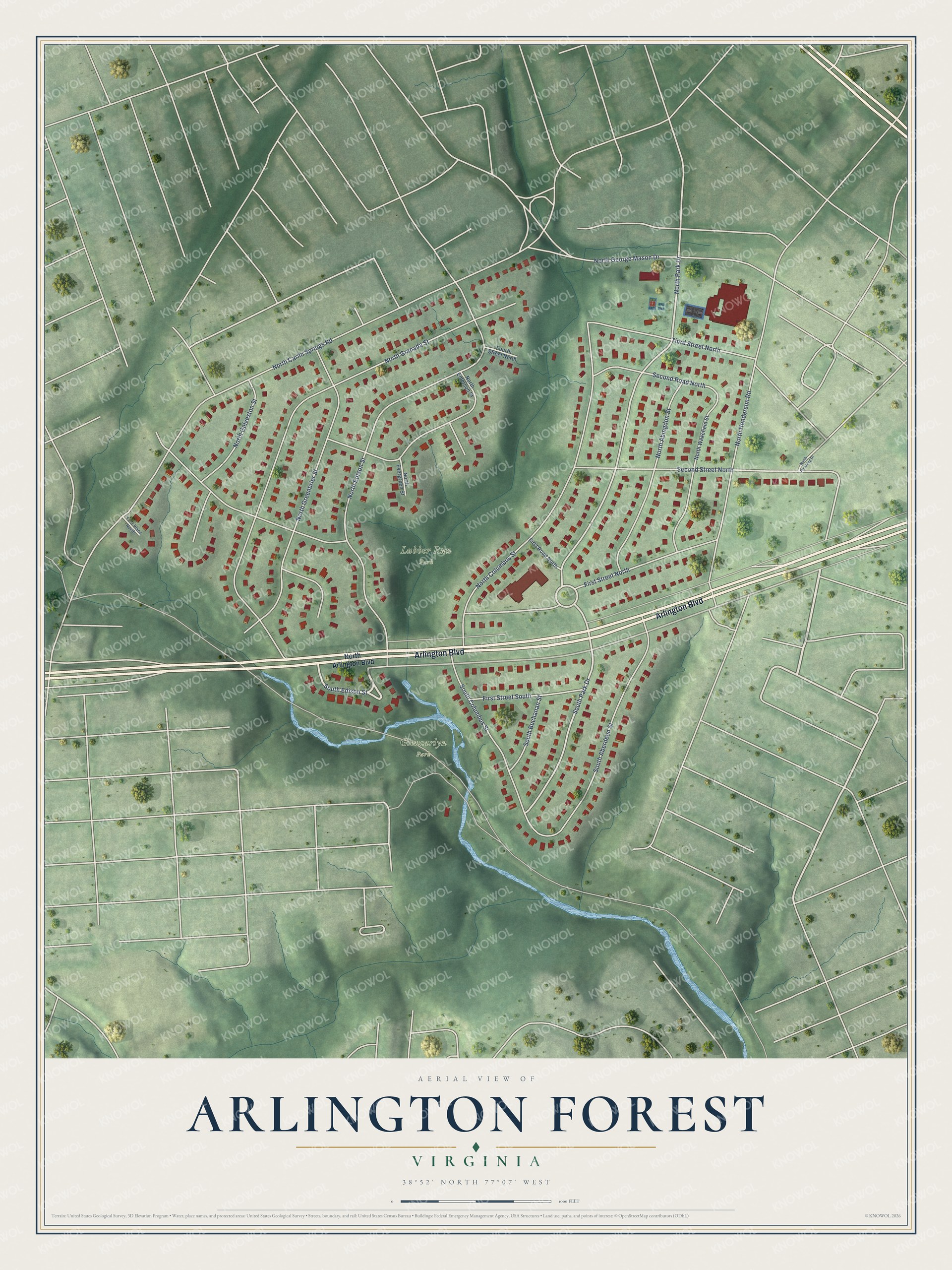 Full map of Arlington Forest, Virginia, with red buildings, printed street names and the land around them