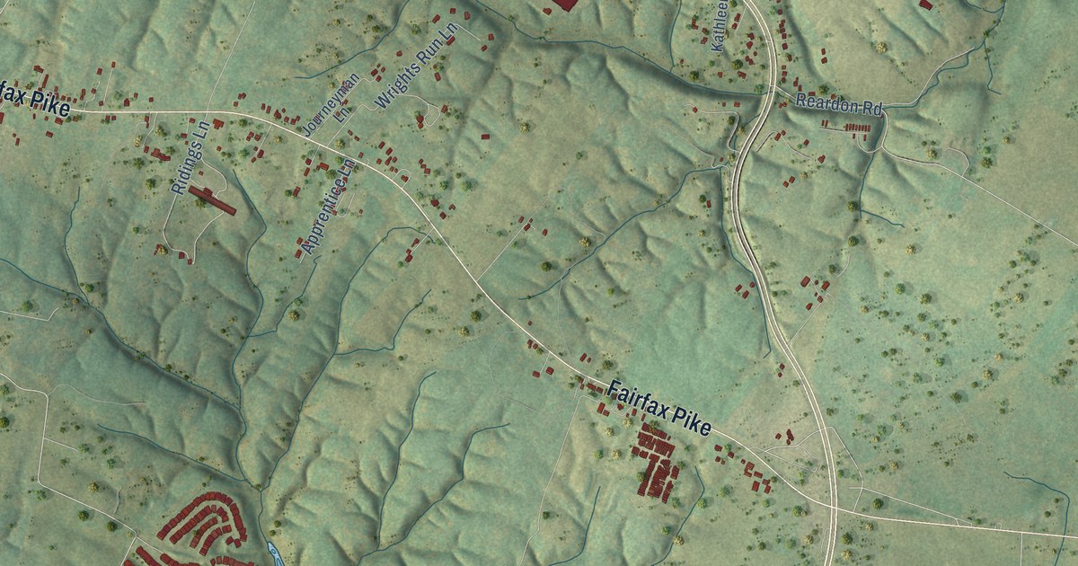 Close-up of streets and buildings in Armel, Virginia