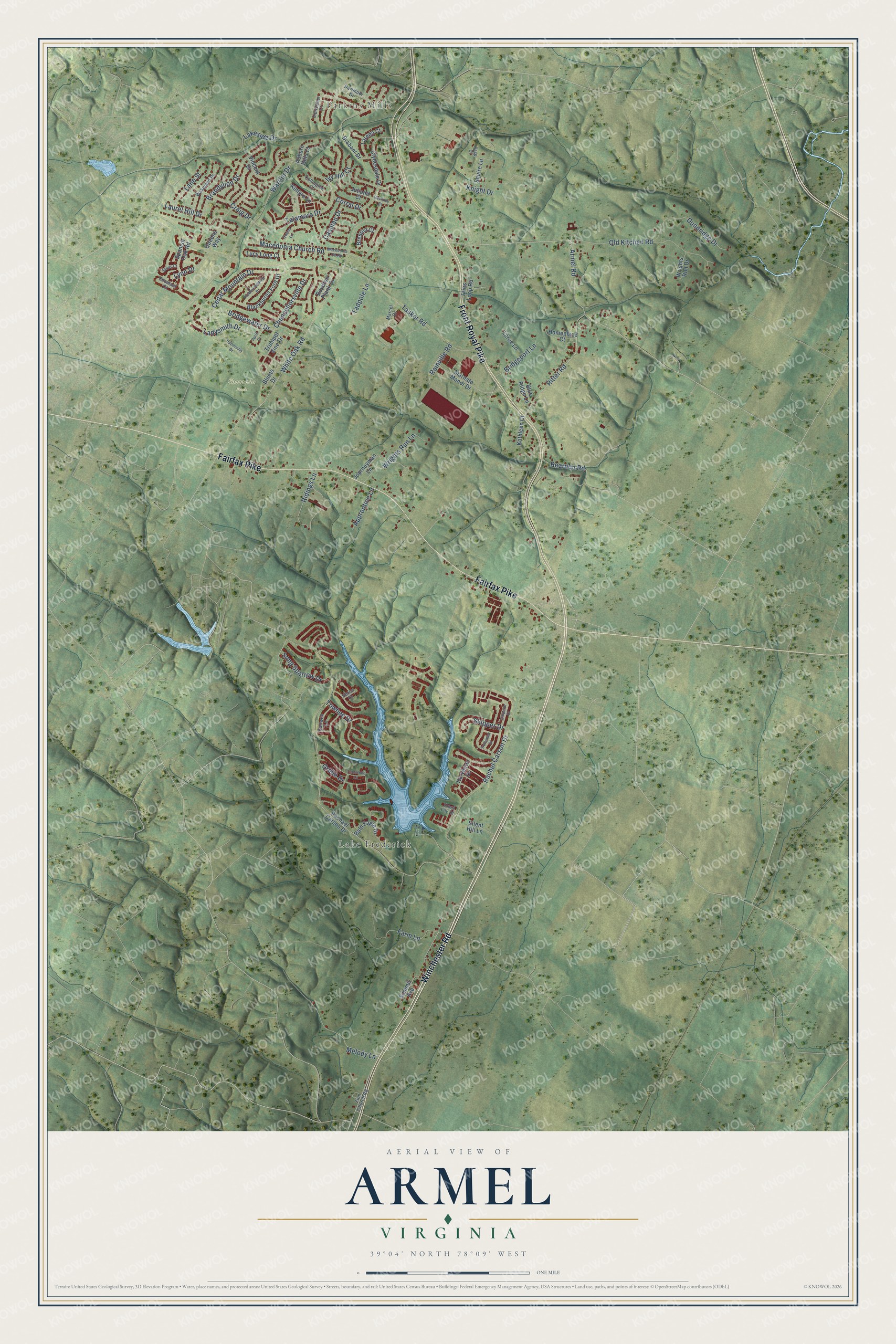 Full map of Armel, Virginia, with red buildings, printed street names and the land around them