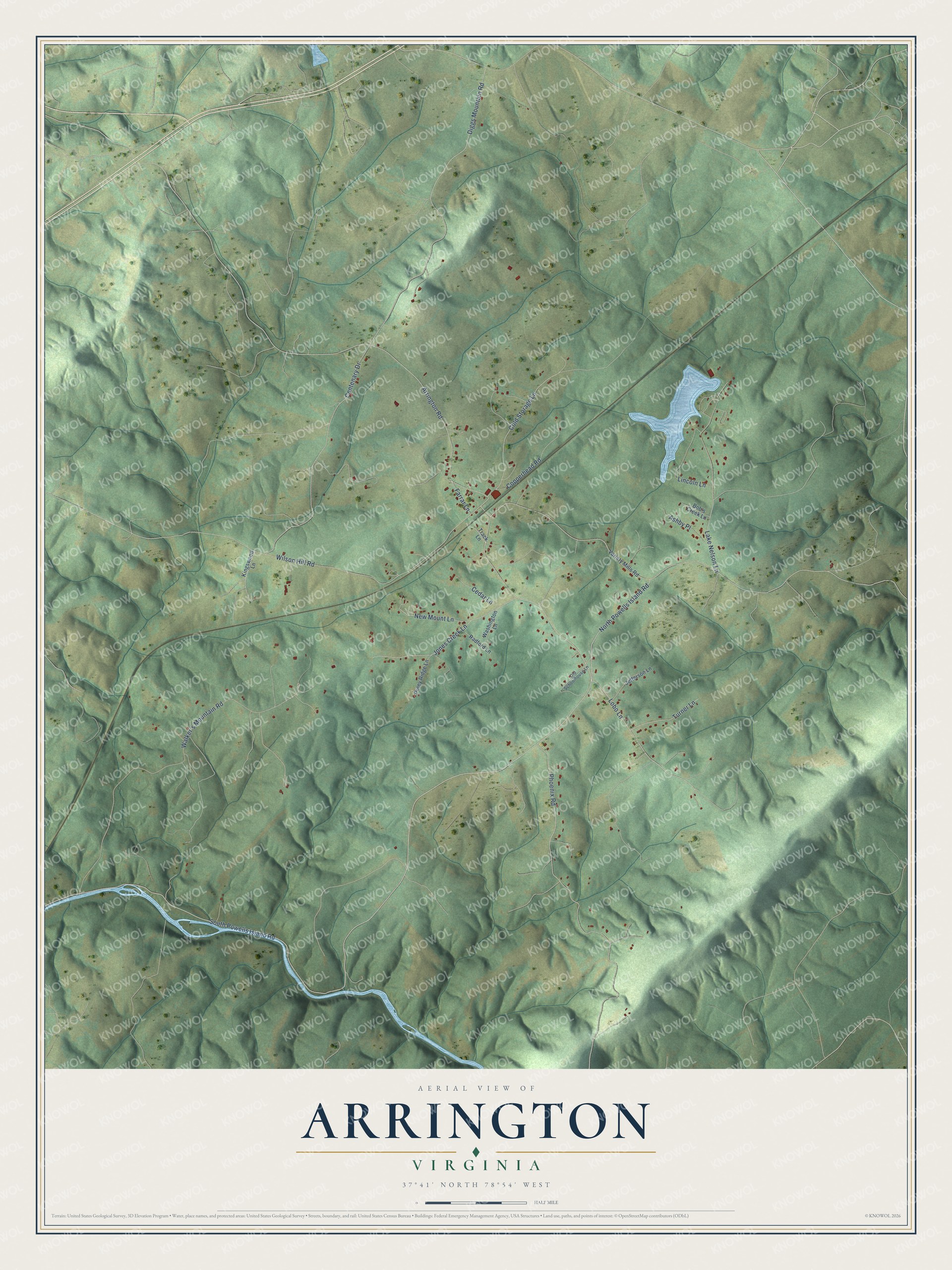 Full map of Arrington, Virginia, with red buildings, printed street names and the land around them
