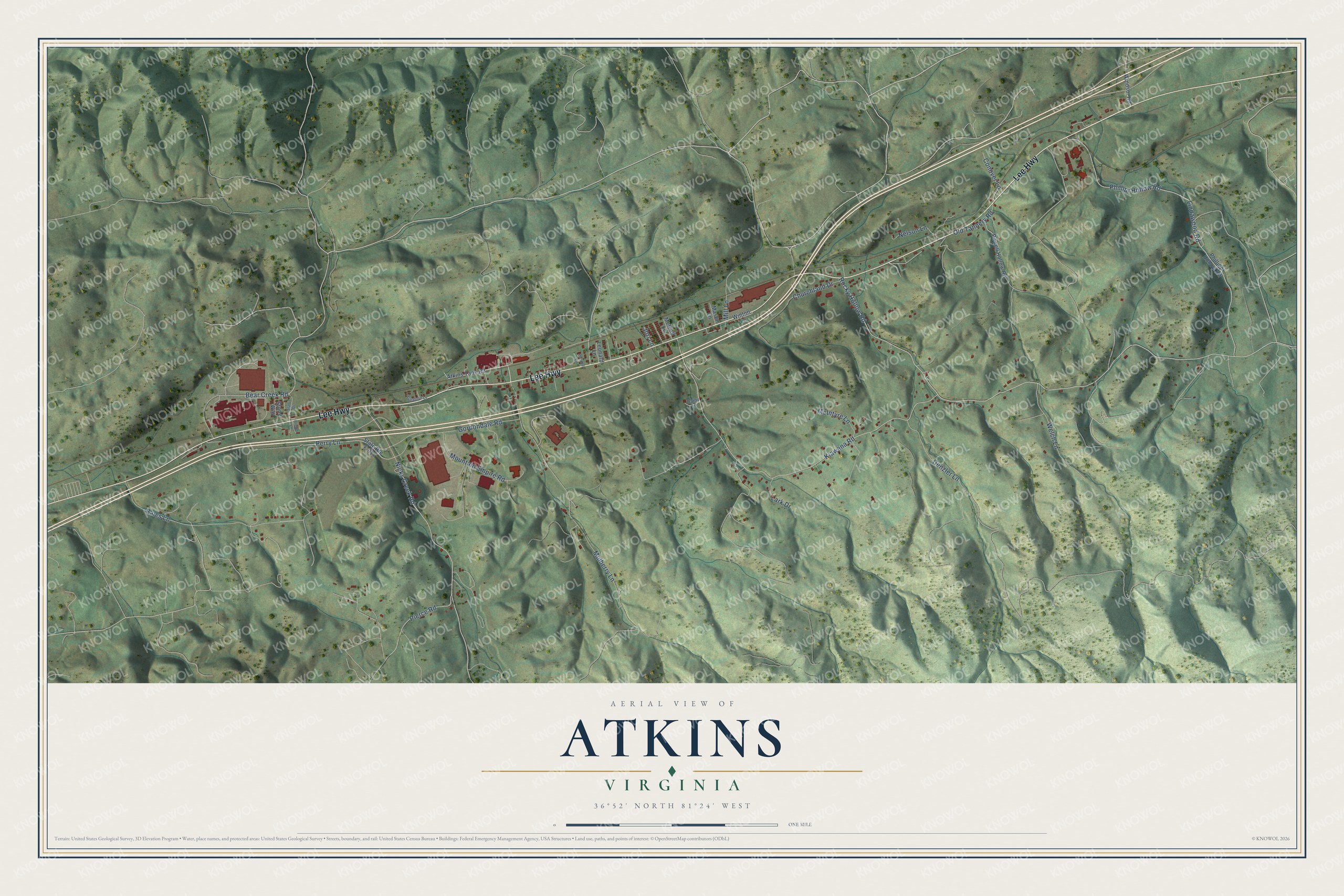 Full map of Atkins, Virginia, with red buildings, printed street names and the land around them