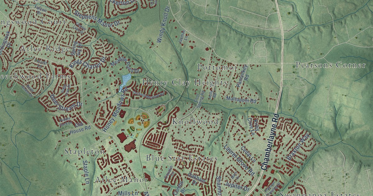 Close-up of streets and buildings in Atlee, Virginia