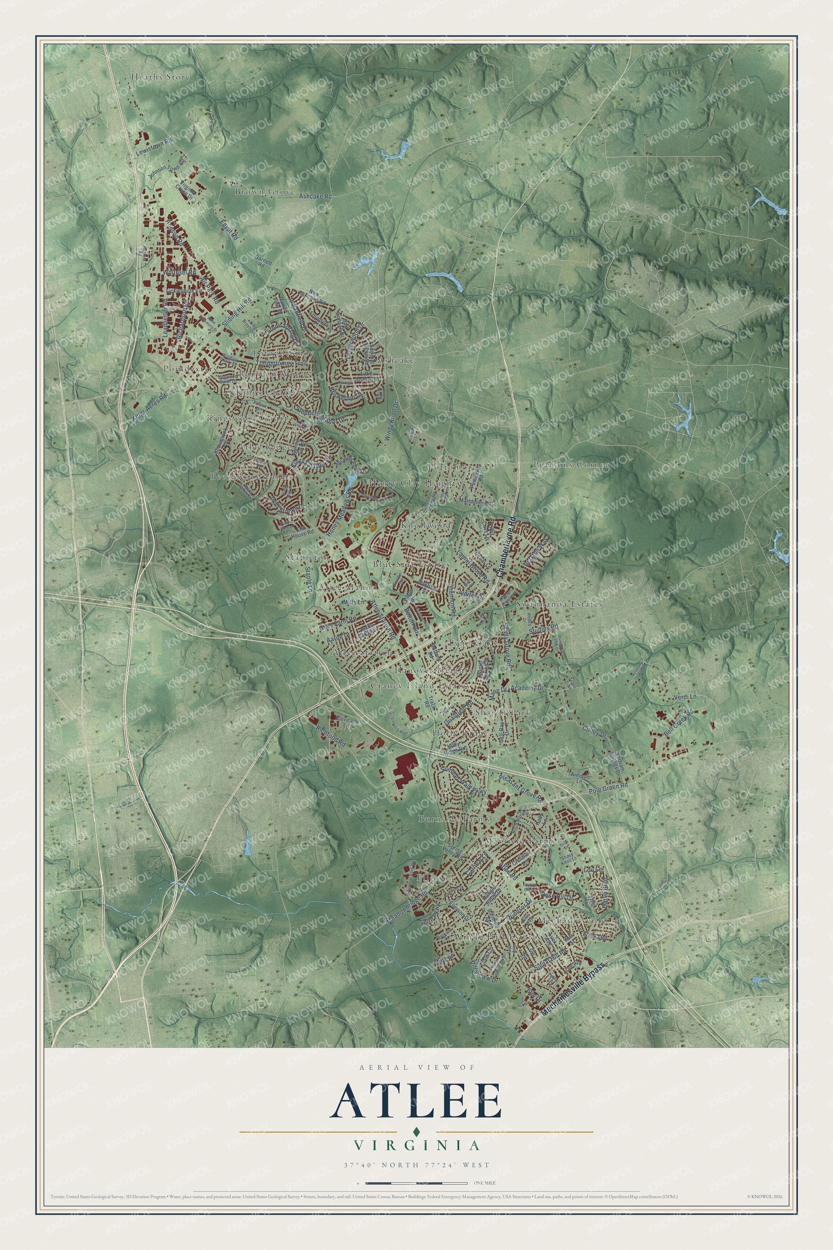 Full map of Atlee, Virginia, with red buildings, printed street names and the land around them