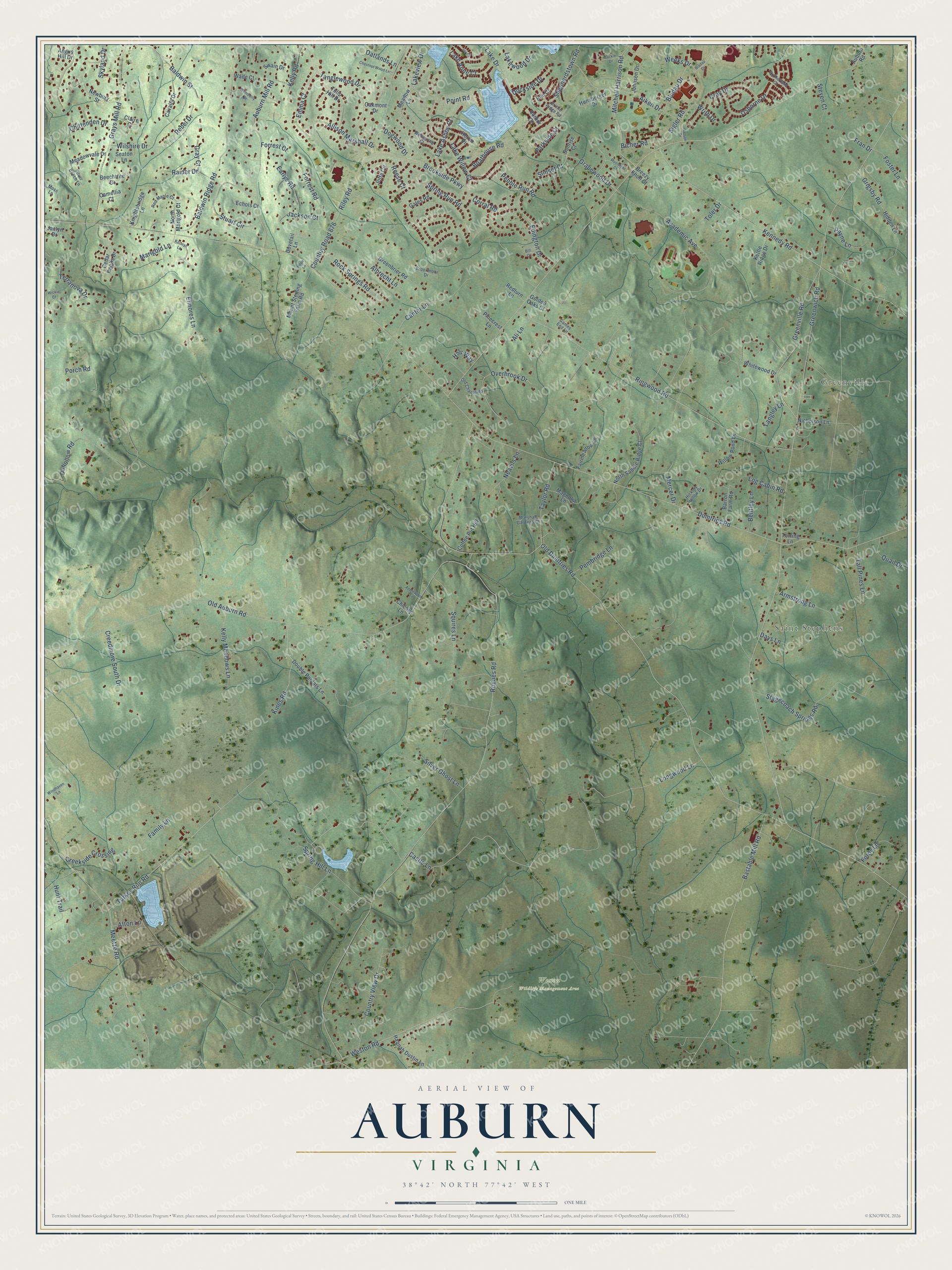Full map of Auburn, Virginia, with red buildings, printed street names and the land around them