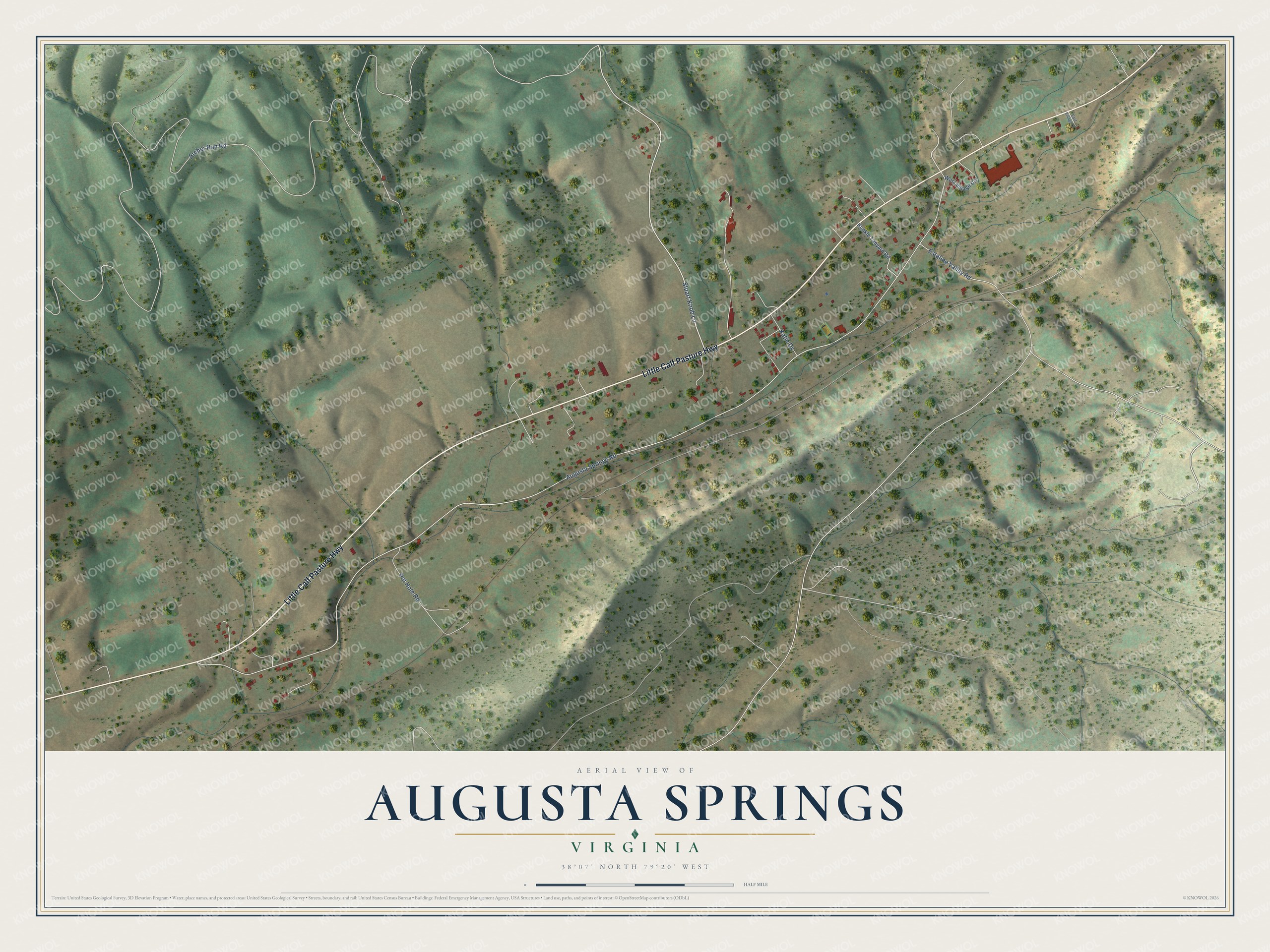 Full map of Augusta Springs, Virginia, with red buildings, printed street names and the land around them