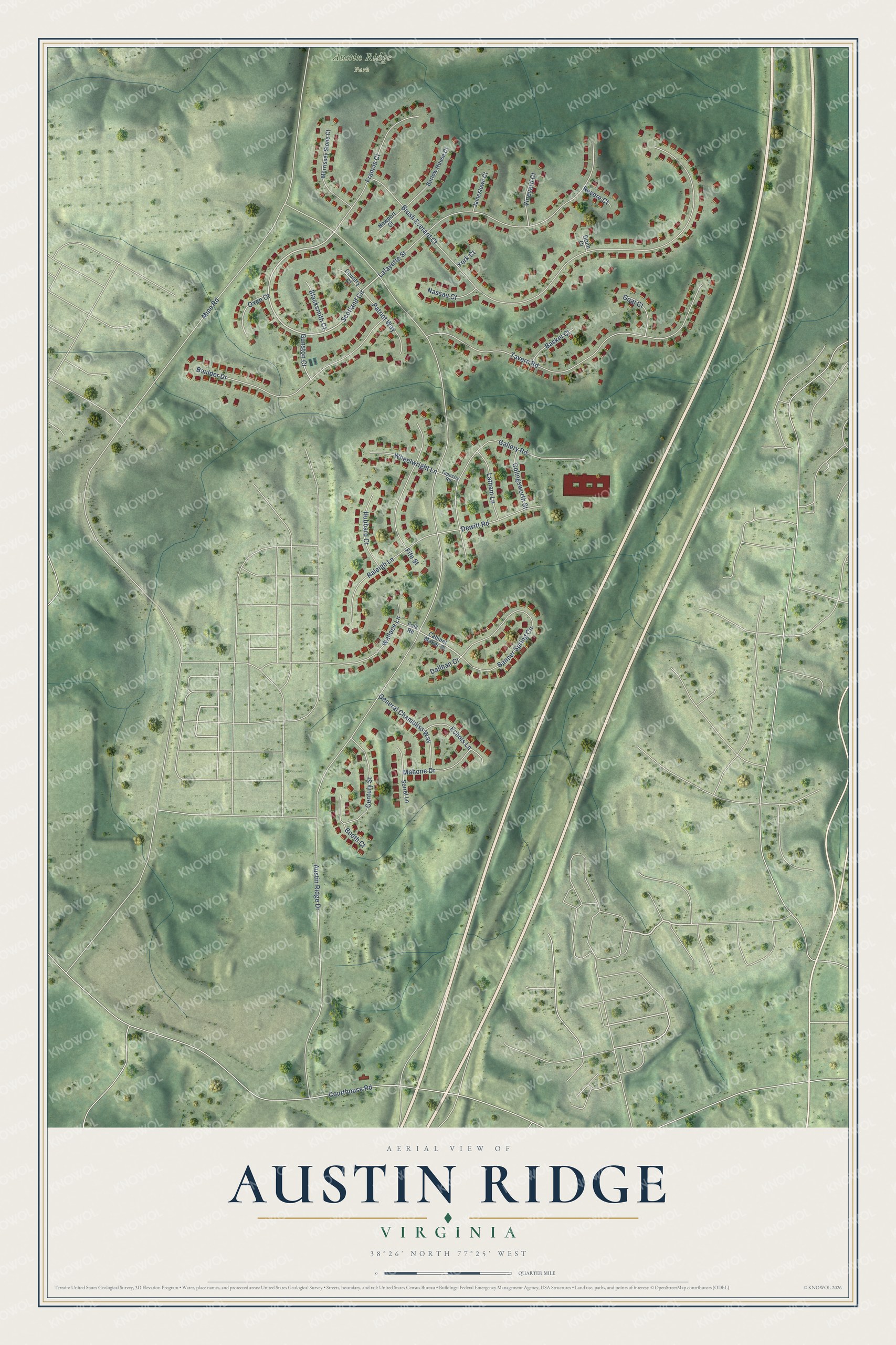 Full map of Austin Ridge, Virginia, with red buildings, printed street names and the land around them
