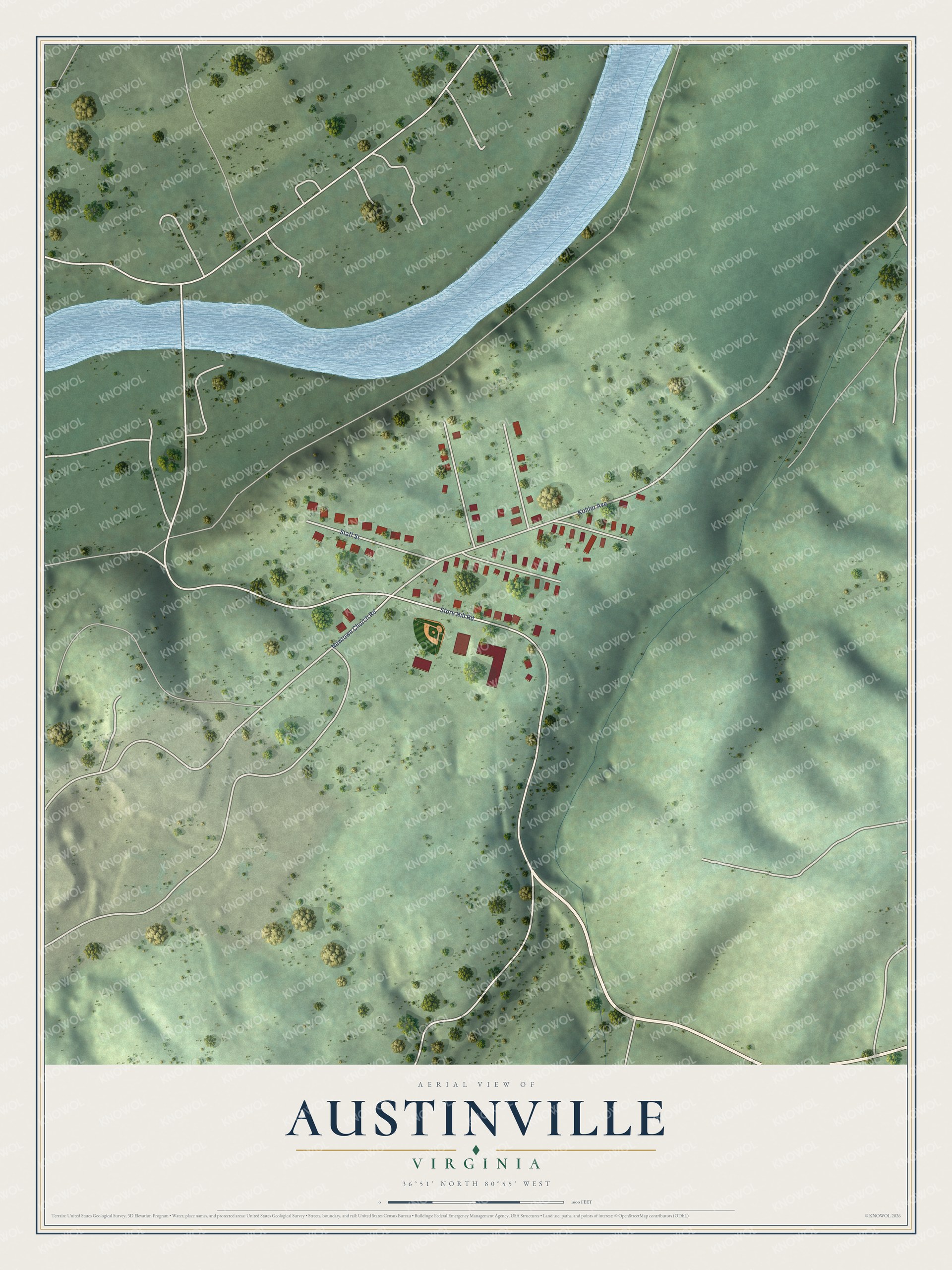 Full map of Austinville, Virginia, with red buildings, printed street names and the land around them