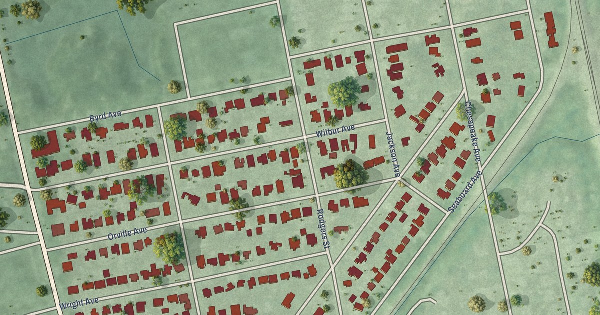 Close-up of streets and buildings in Avalon, Virginia