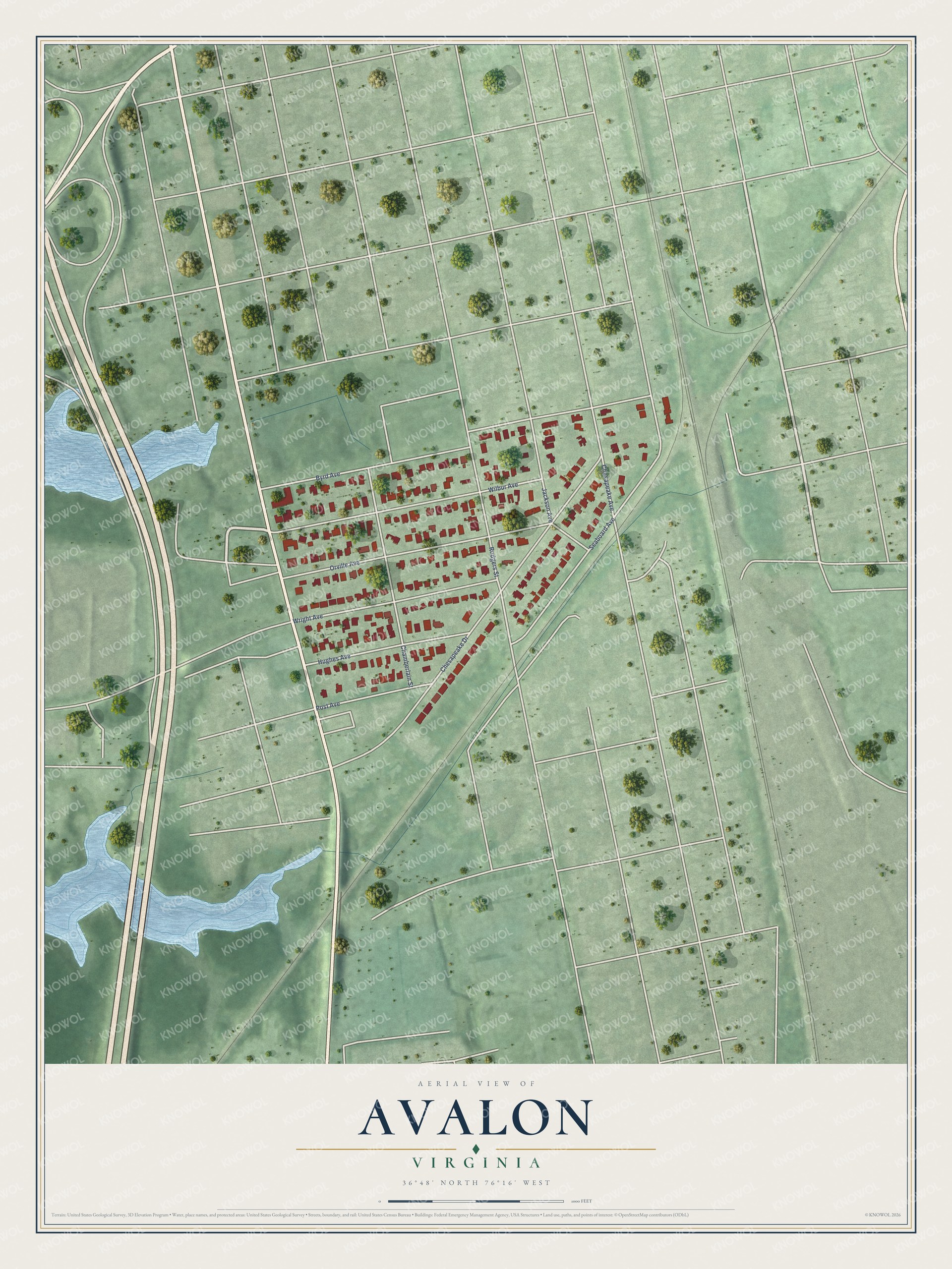 Full map of Avalon, Virginia, with red buildings, printed street names and the land around them
