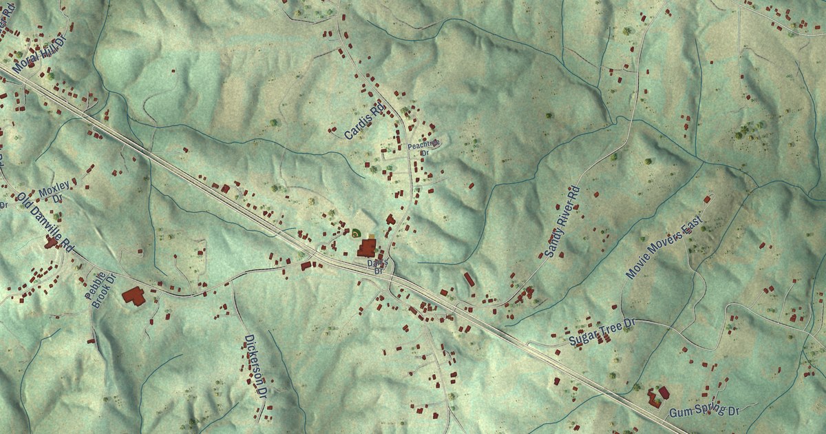 Close-up of streets and buildings in Axton, Virginia