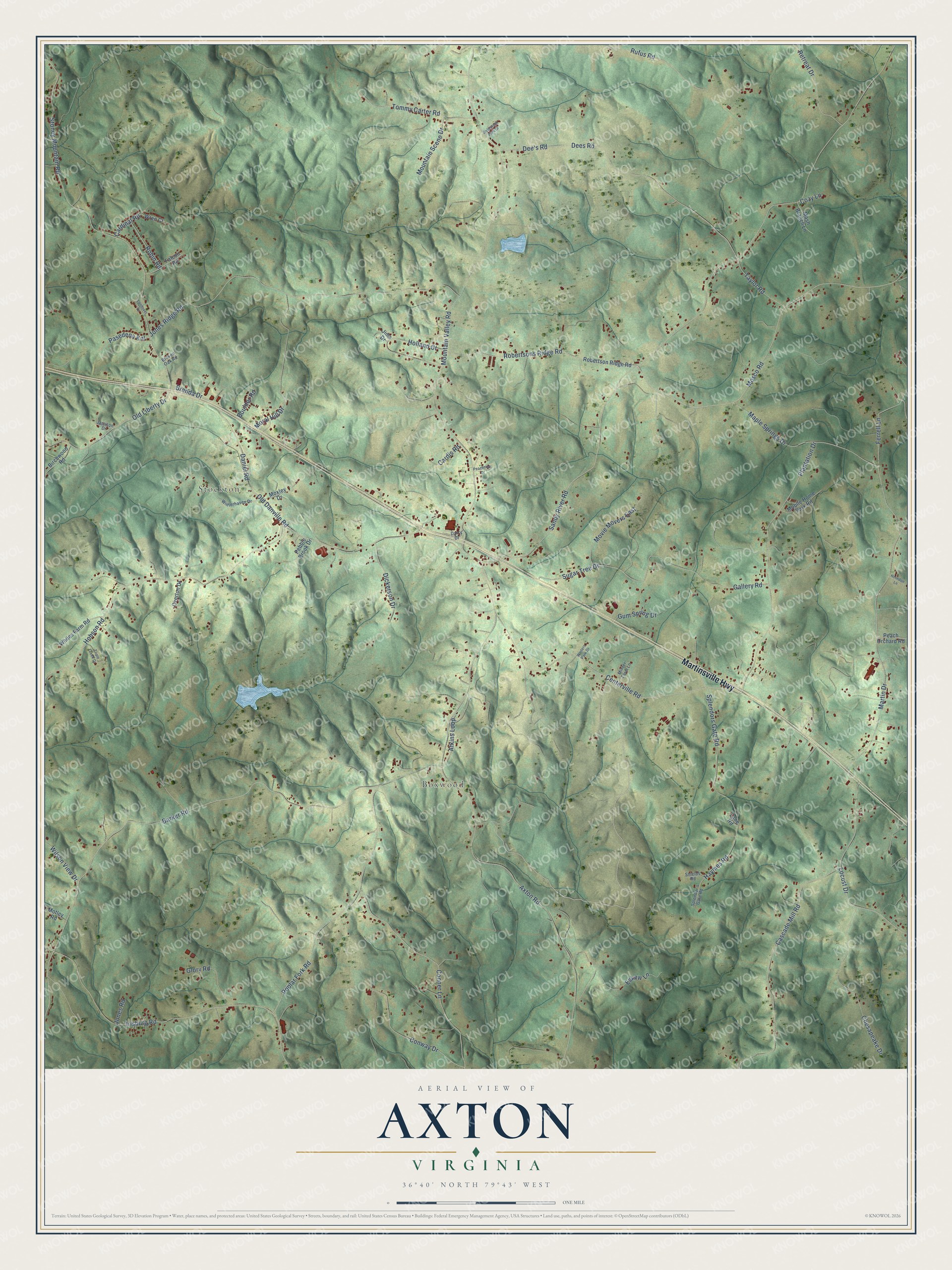 Full map of Axton, Virginia, with red buildings, printed street names and the land around them