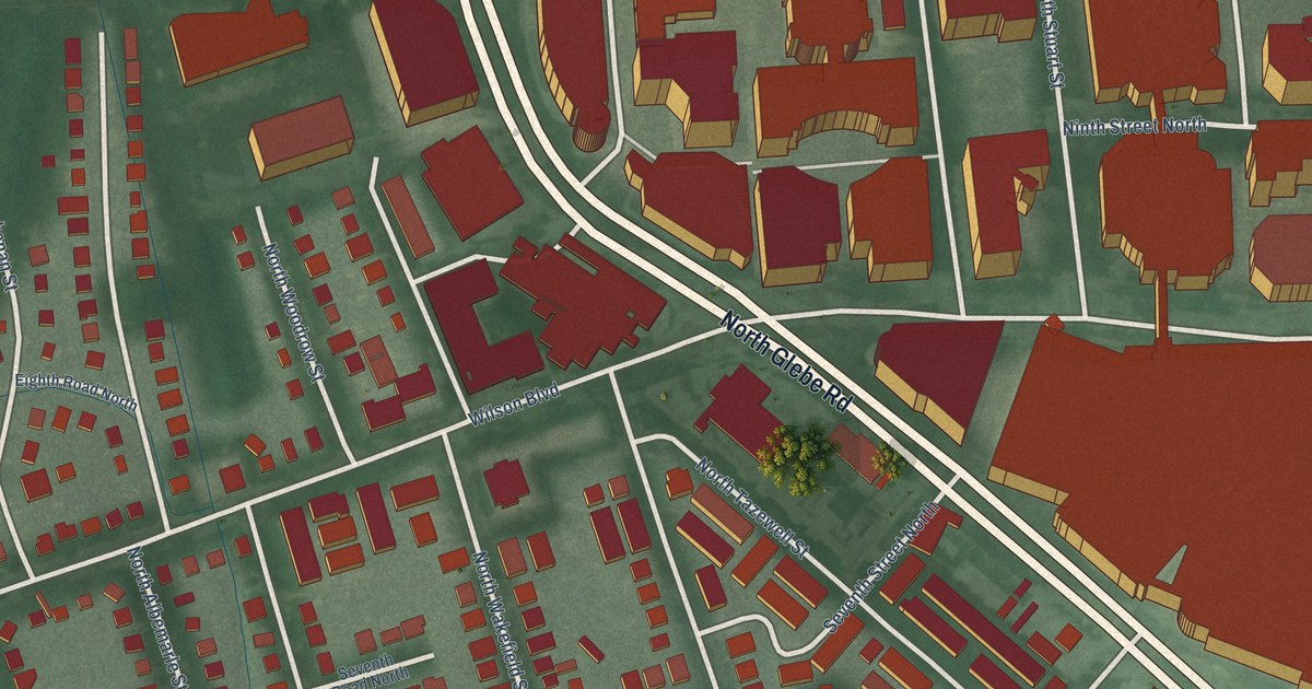 Close-up of streets and buildings in Ballston, Virginia