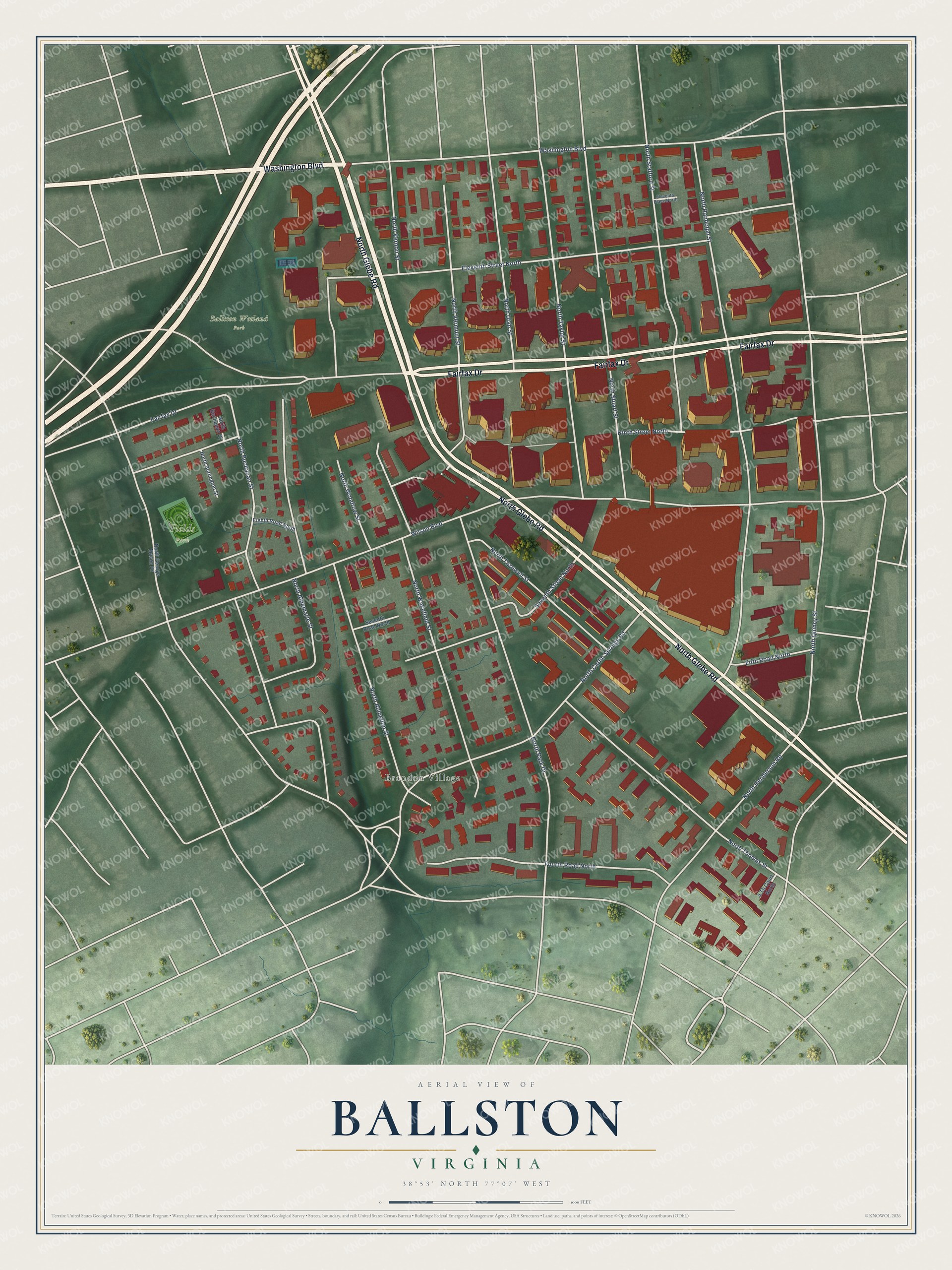 Full map of Ballston, Virginia, with red buildings, printed street names and the land around them