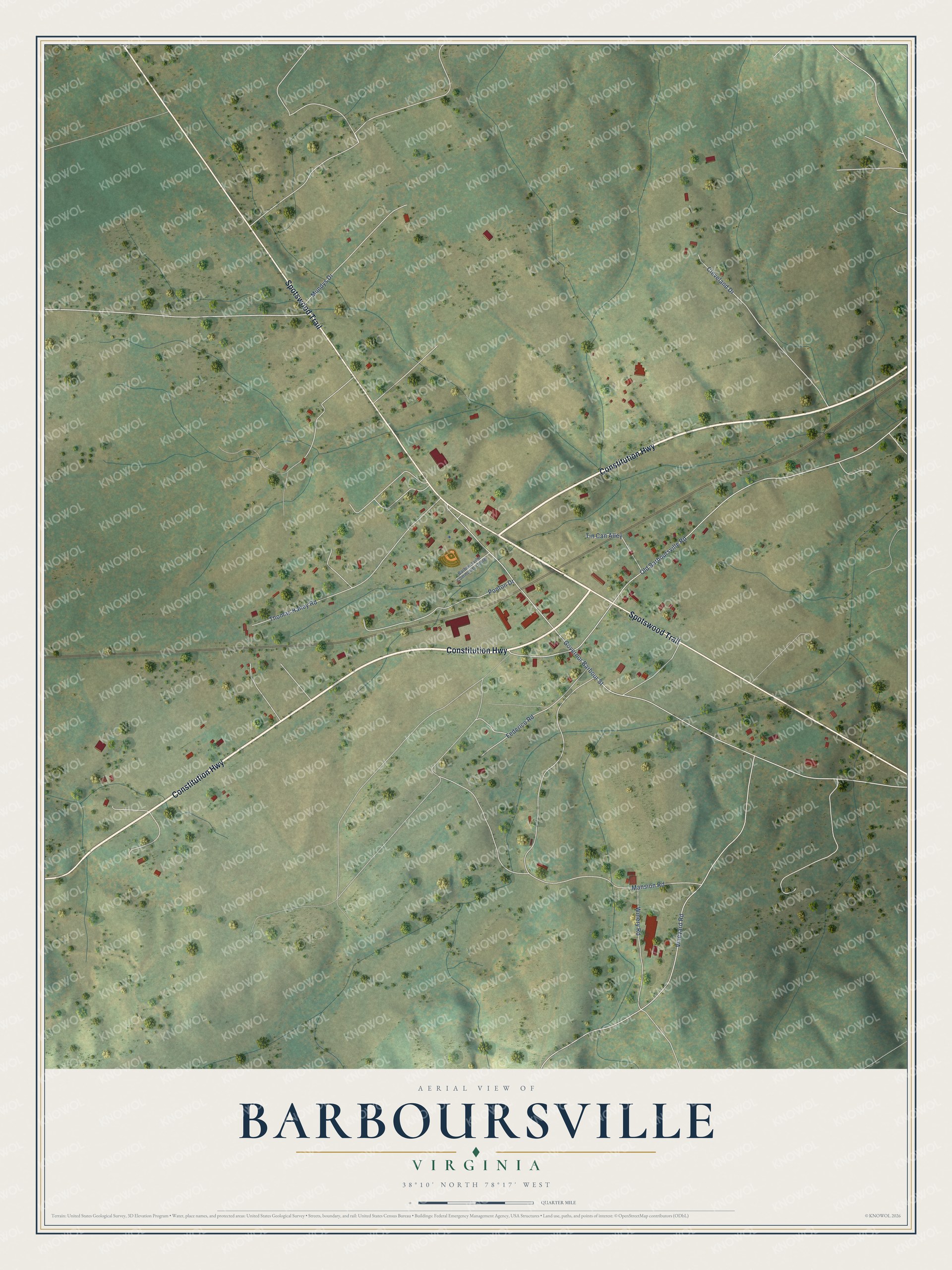 Full map of Barboursville, Virginia, with red buildings, printed street names and the land around them