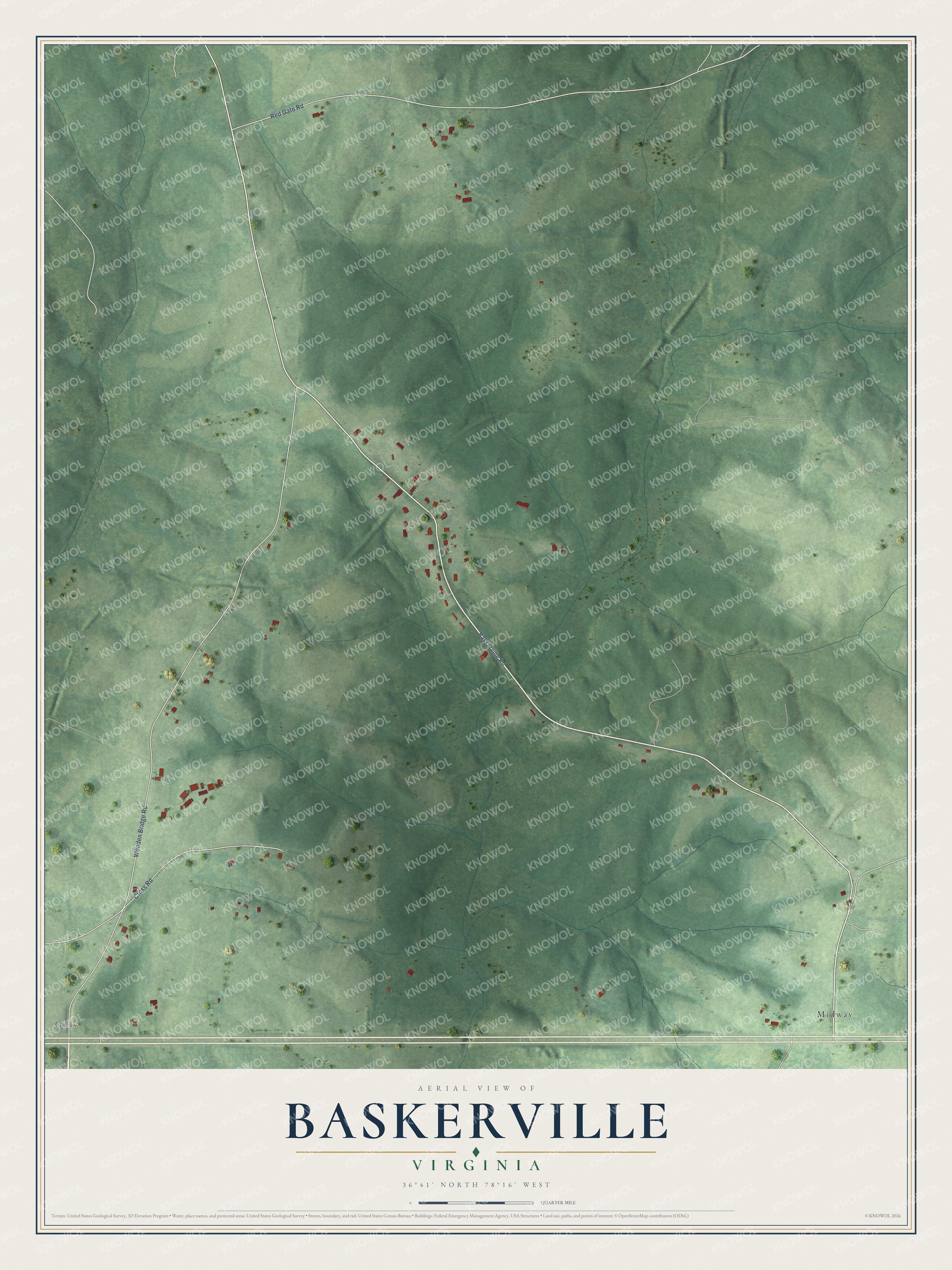 Full map of Baskerville, Virginia, with red buildings, printed street names and the land around them