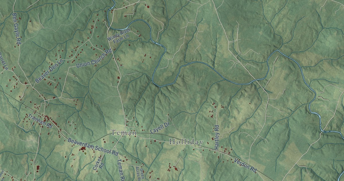 Close-up of streets and buildings in Beaverdam, Virginia
