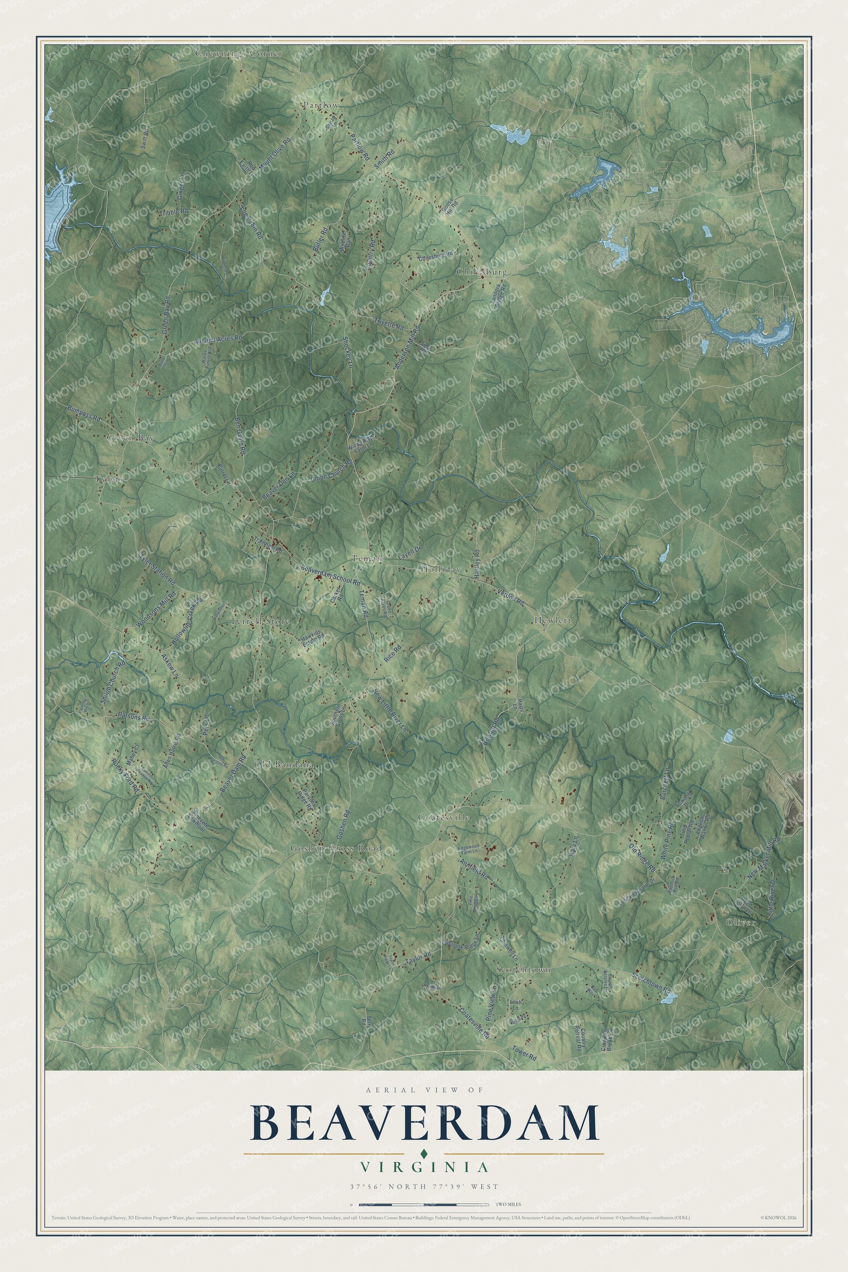 Full map of Beaverdam, Virginia, with red buildings, printed street names and the land around them