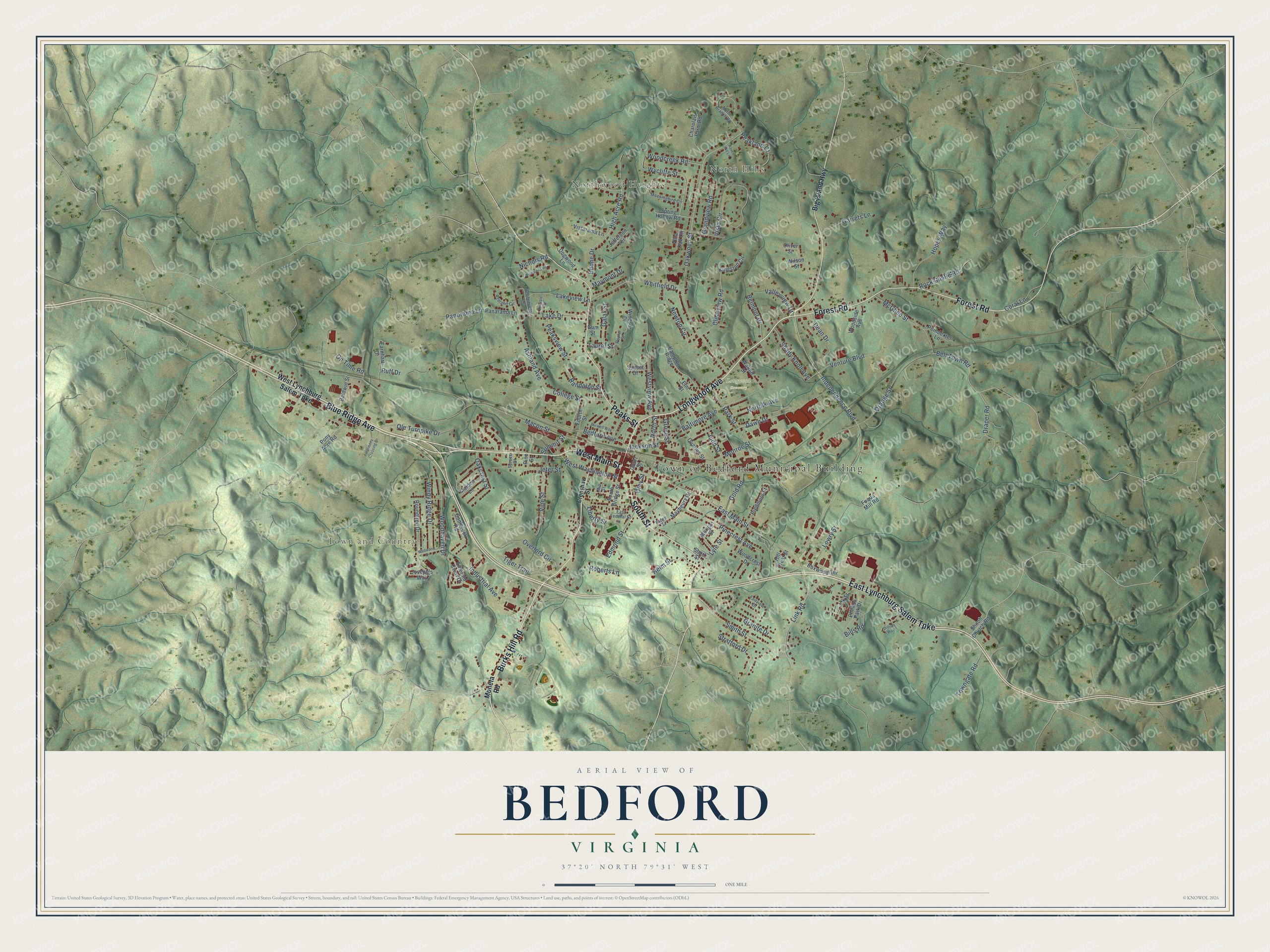 Full map of Bedford, Virginia, with red buildings, printed street names and the land around them
