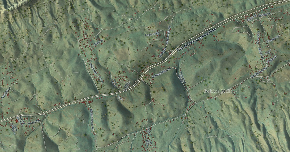 Close-up of streets and buildings in Belfast, Virginia