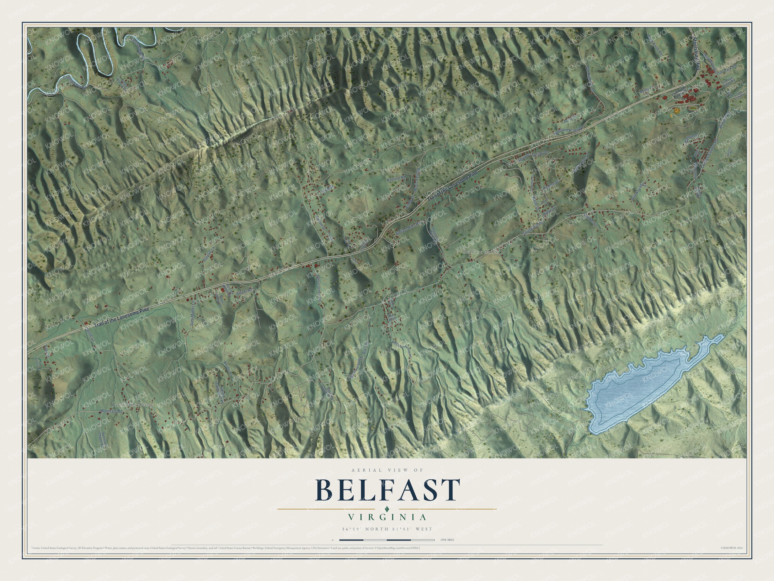 Full map of Belfast, Virginia, with red buildings, printed street names and the land around them
