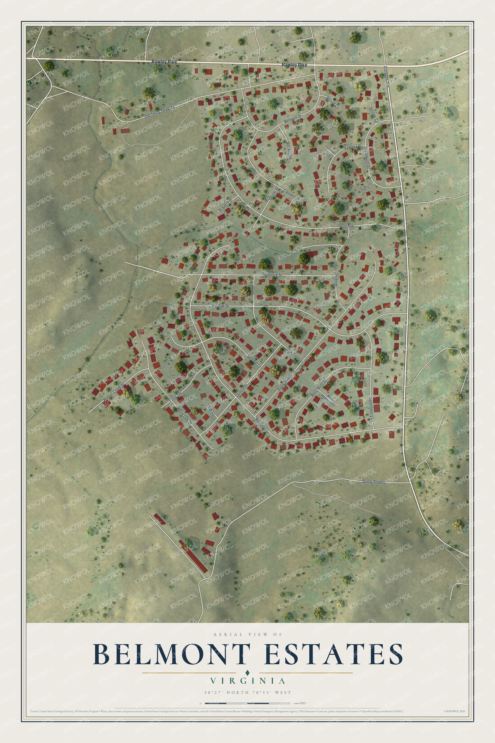 Full map of Belmont Estates, Virginia, with red buildings, printed street names and the land around them