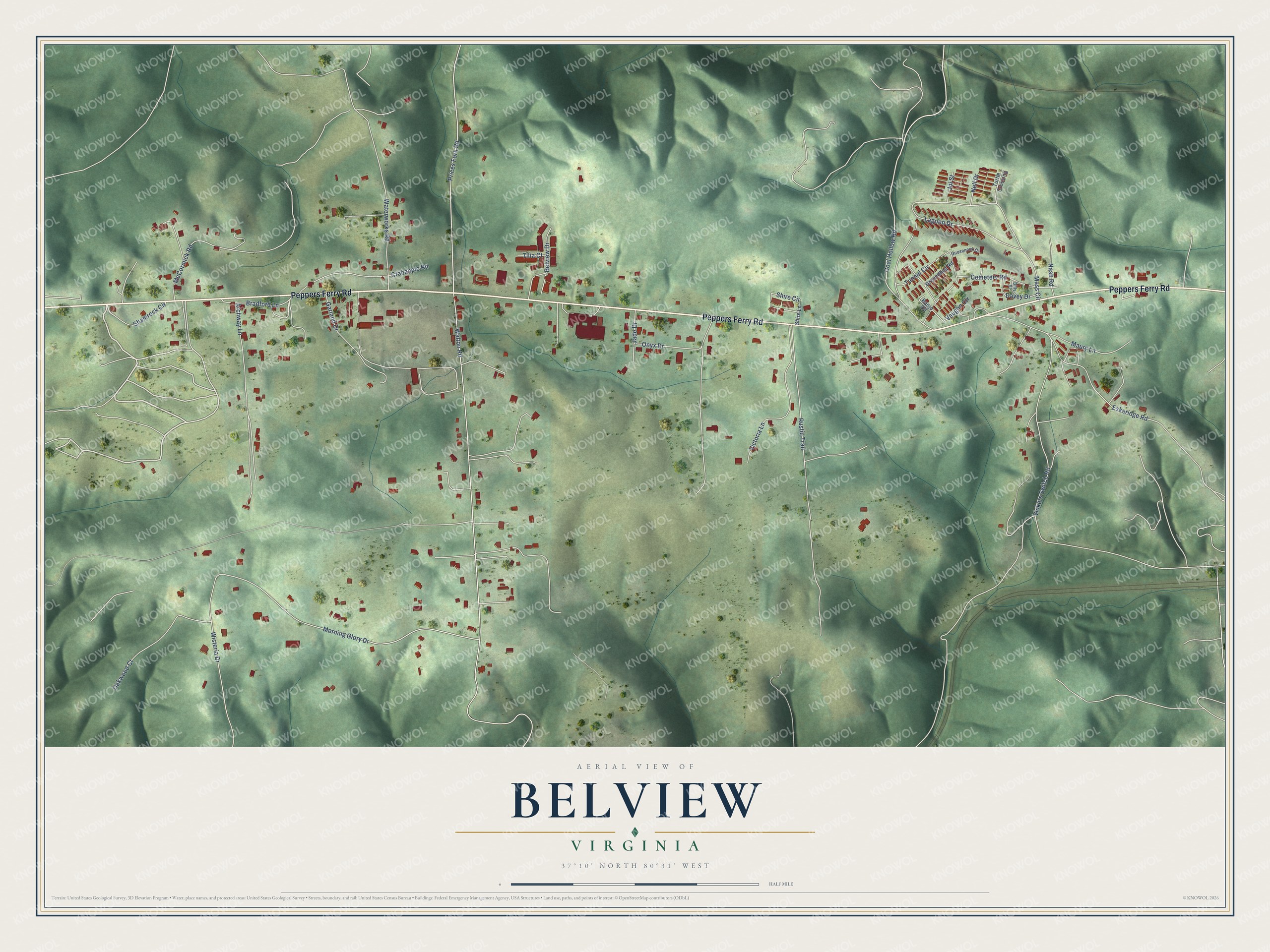 Full map of Belview, Virginia, with red buildings, printed street names and the land around them