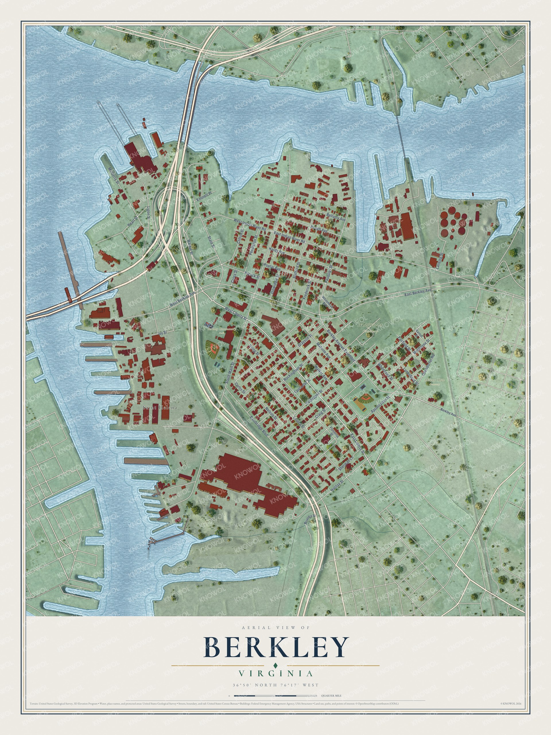 Full map of Berkley, Virginia, with red buildings, printed street names and the land around them