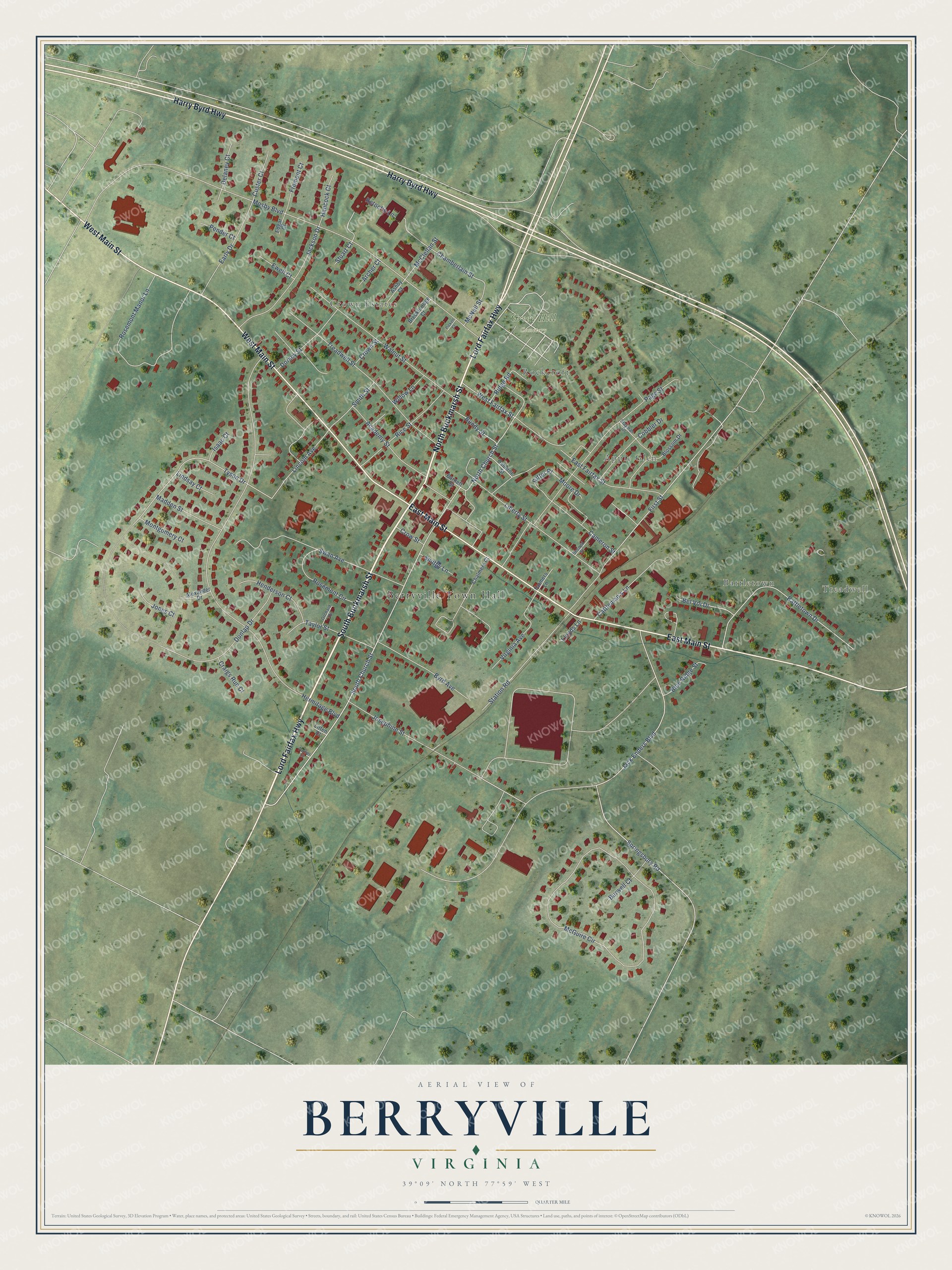Full map of Berryville, Virginia, with red buildings, printed street names and the land around them