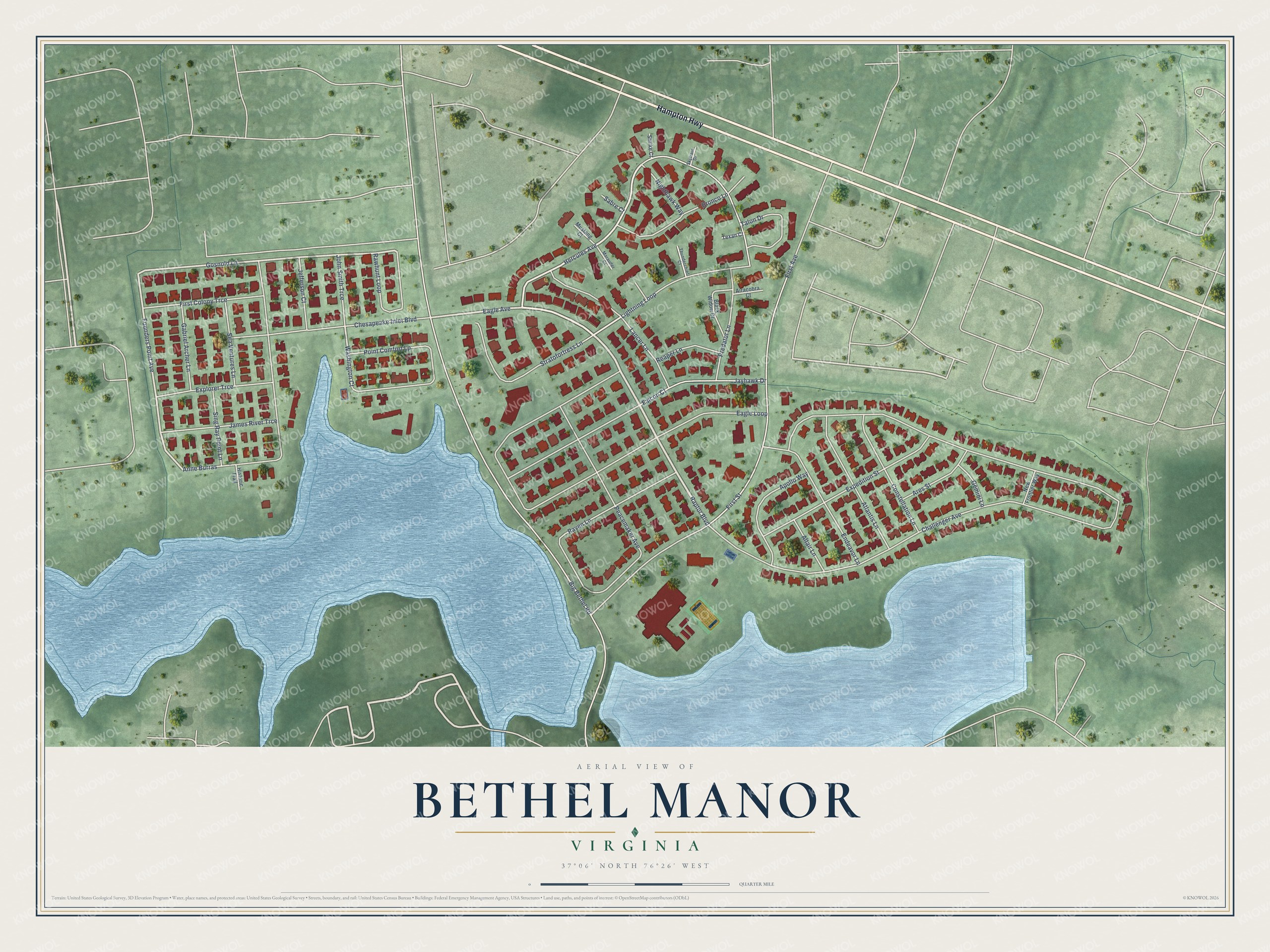 Full map of Bethel Manor, Virginia, with red buildings, printed street names and the land around them