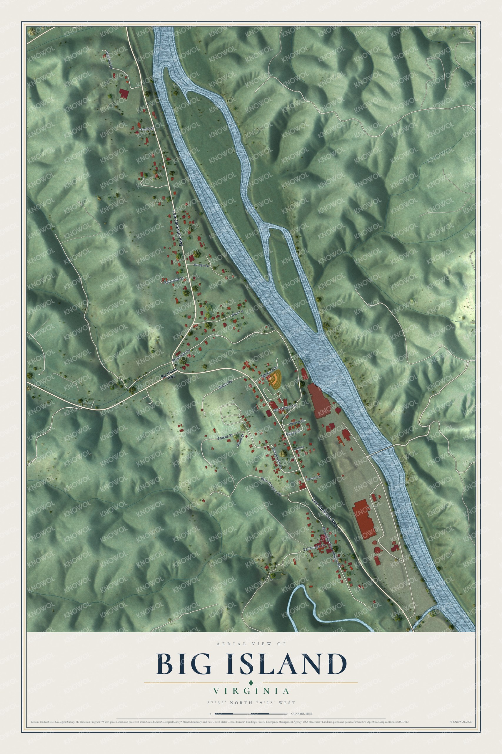 Full map of Big Island, Virginia, with red buildings, printed street names and the land around them