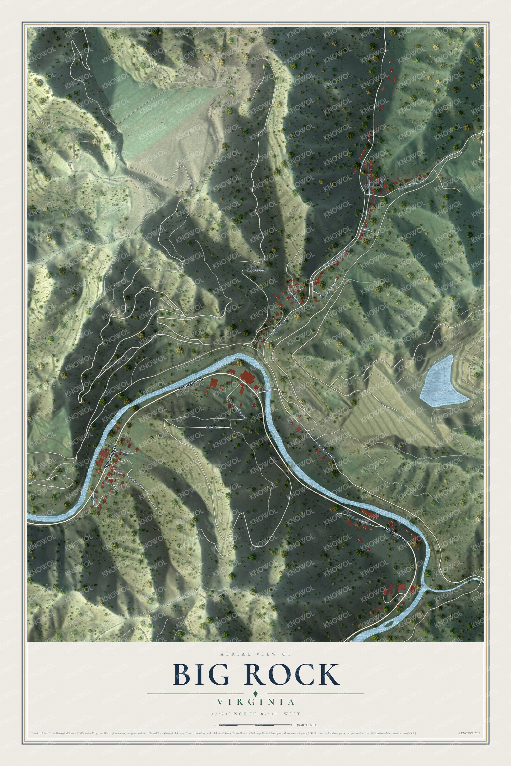 Full map of Big Rock, Virginia, with red buildings, printed street names and the land around them