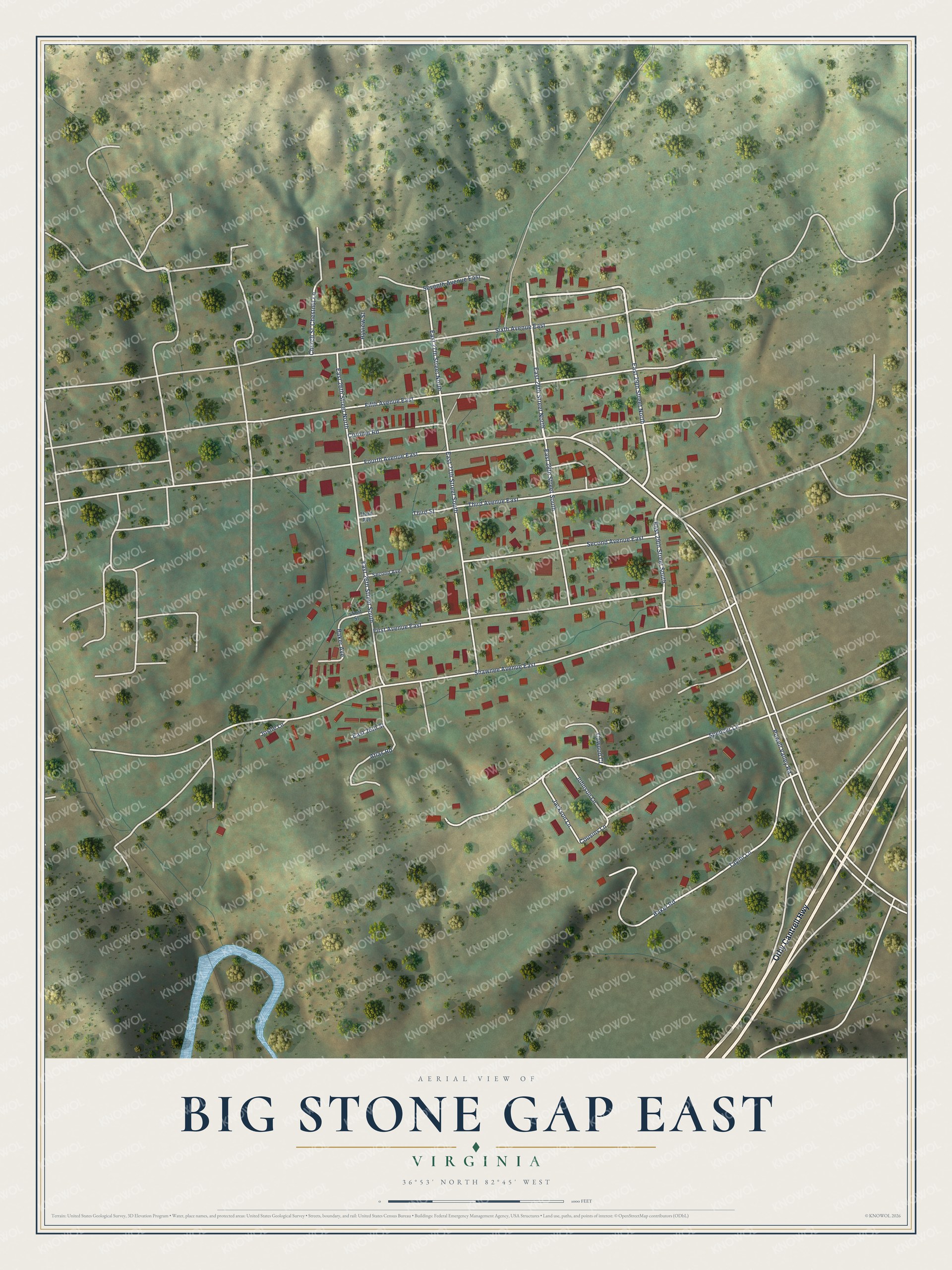 Full map of Big Stone Gap East, Virginia, with red buildings, printed street names and the land around them