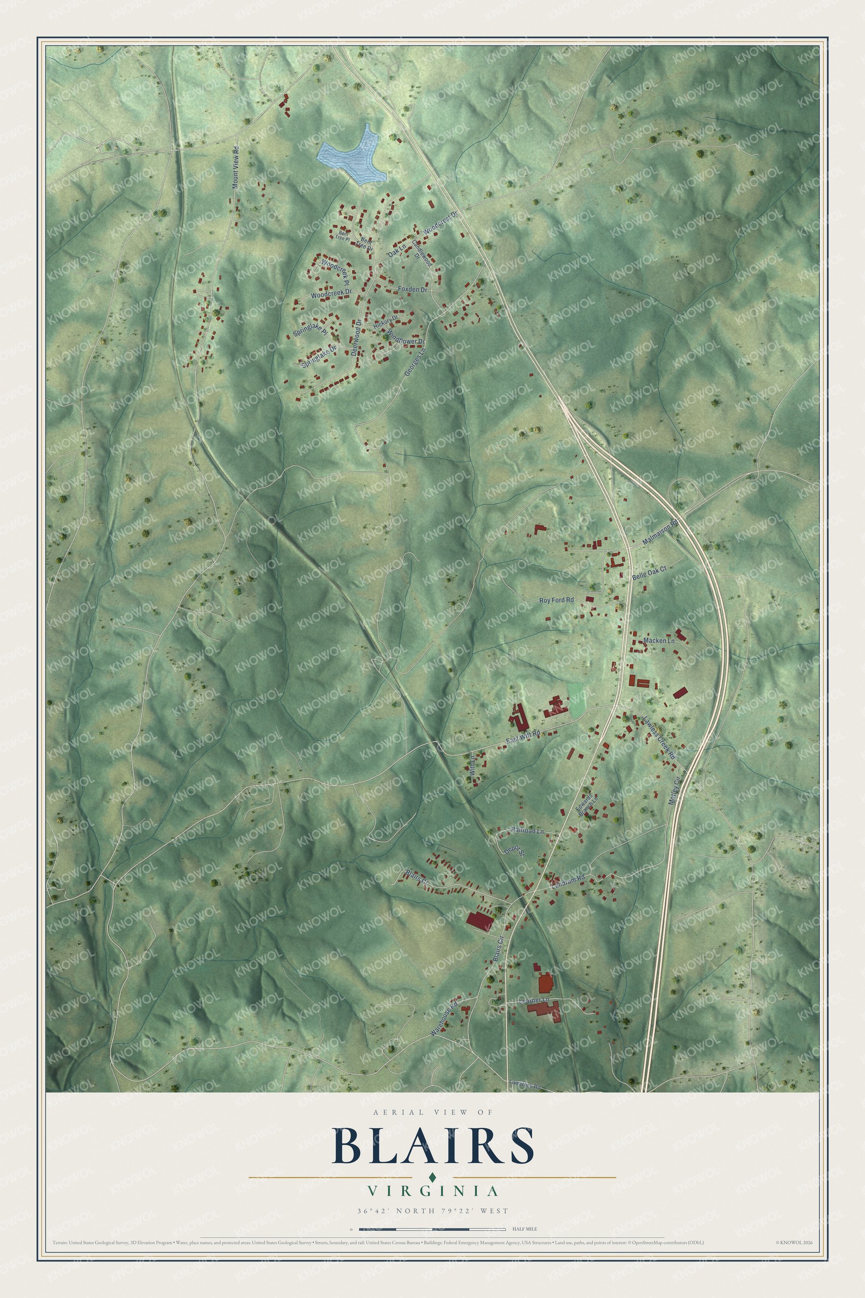 Full map of Blairs, Virginia, with red buildings, printed street names and the land around them